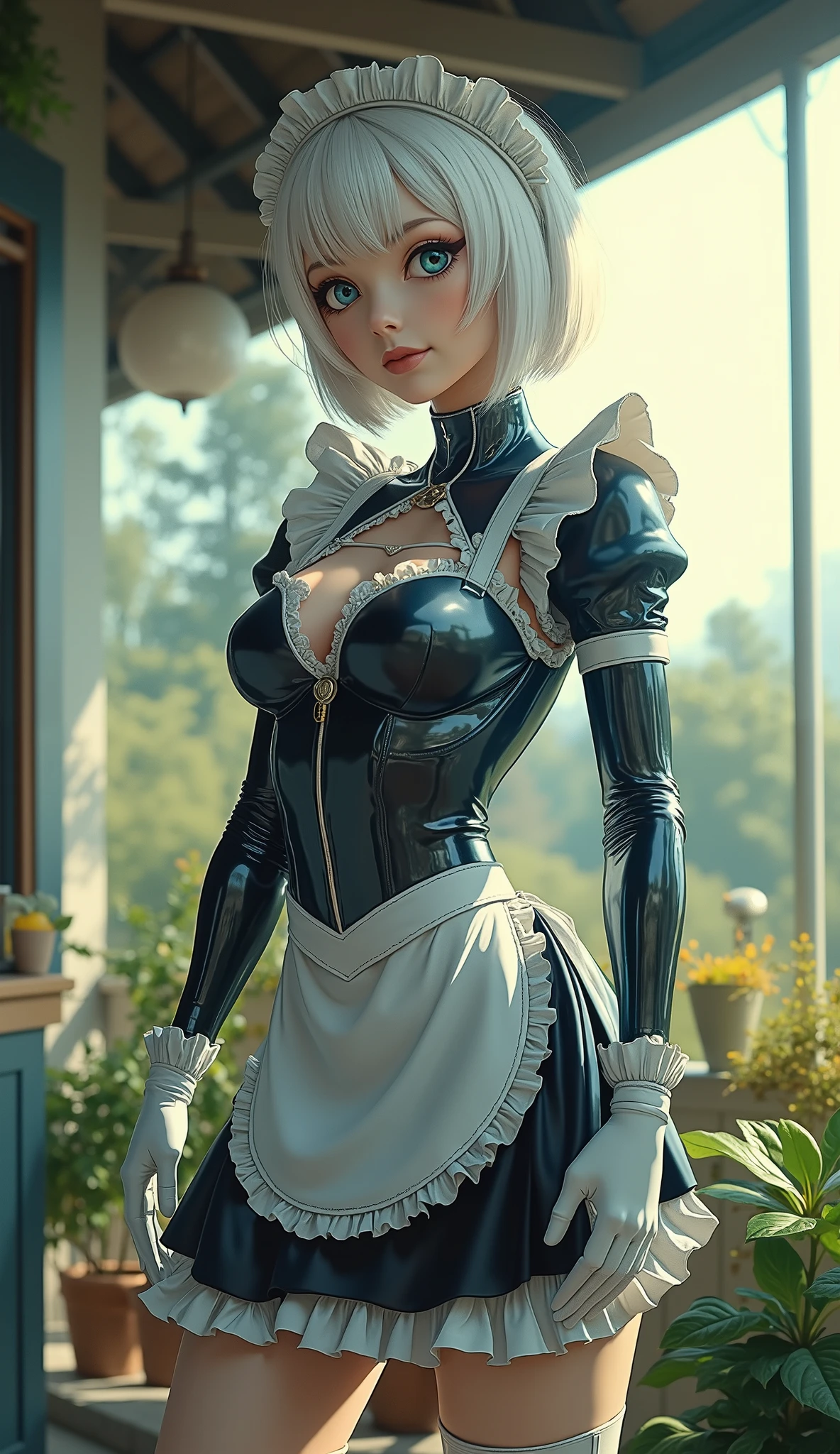 score_9, score_8_up, score_7_up, score_6_up,, anime_source, thicc Android maid, robot arms, robot legs, pretty face, sexy maid uniform, cleavage, maid cap, in a futuristic mansion