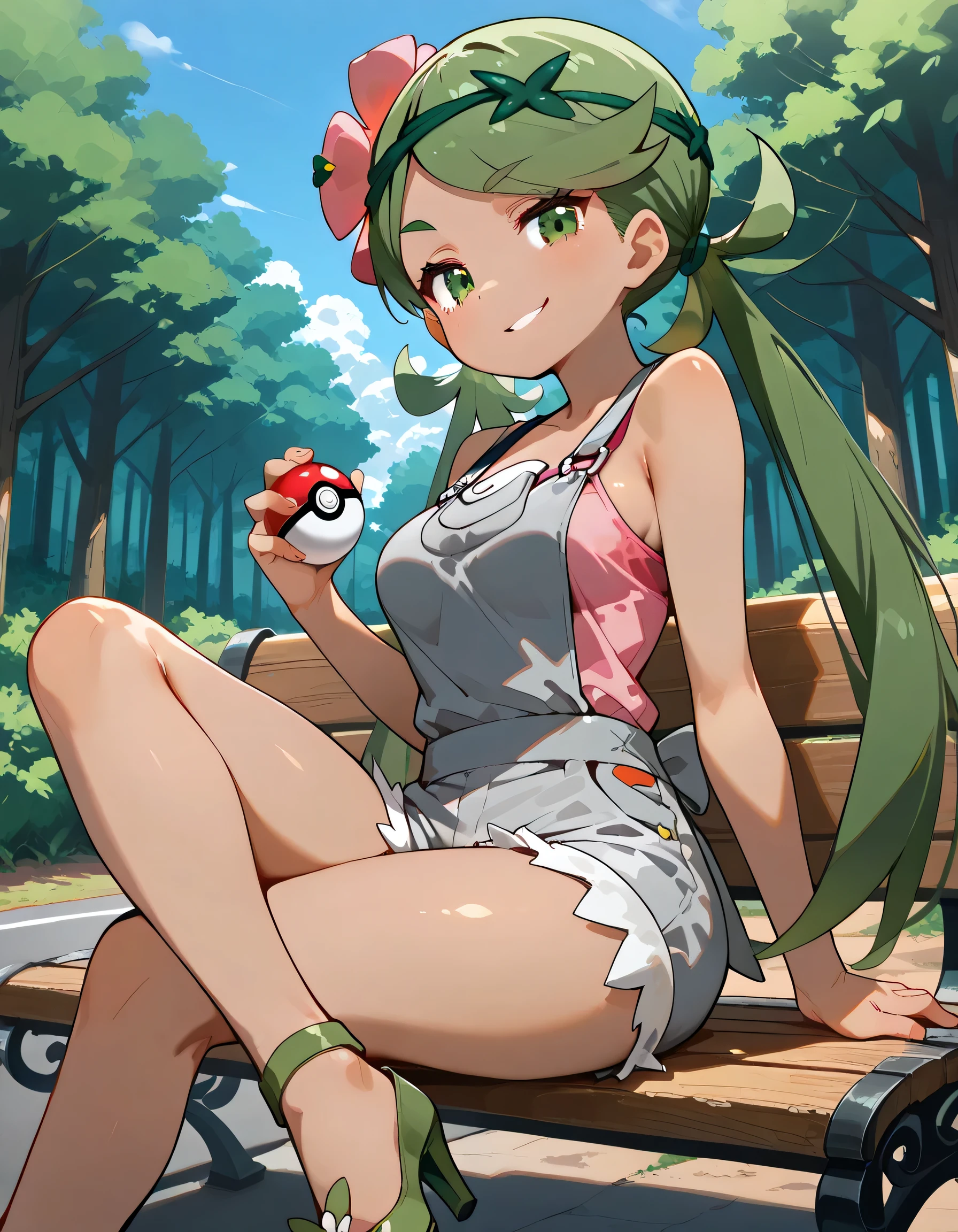 high resolution picture, masterpiece, best quality, amazing quality, solo, zzMallow, green hair, green eyes, hair flower, hair ornament,zzMallow, green hair, green eyes, hair flower, hair ornament, grey overalls, pink shirt, sleeveless, grey shorts, medium breasts, BREAK (curvy), holding poke ball, from side, smirk, looking at viewer, blue sky, road, forest, sitting, bench, high heels, crossed legs, leg up,soft lineart,flat color background,
