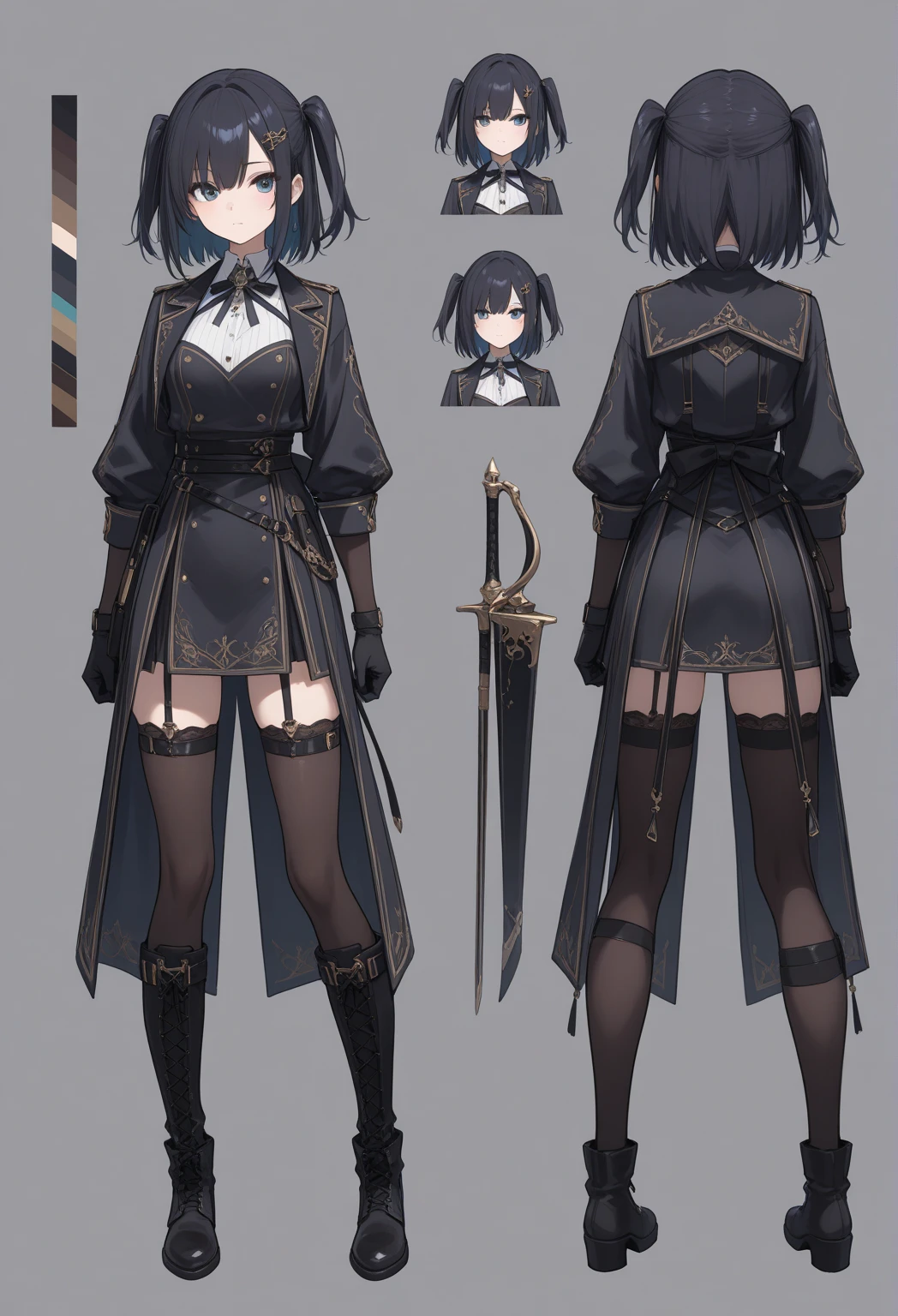 sexy,short hair,black armor,gold chain,chain,big sword,character sheet with all angle,8k,hot,character design sheet, character concept