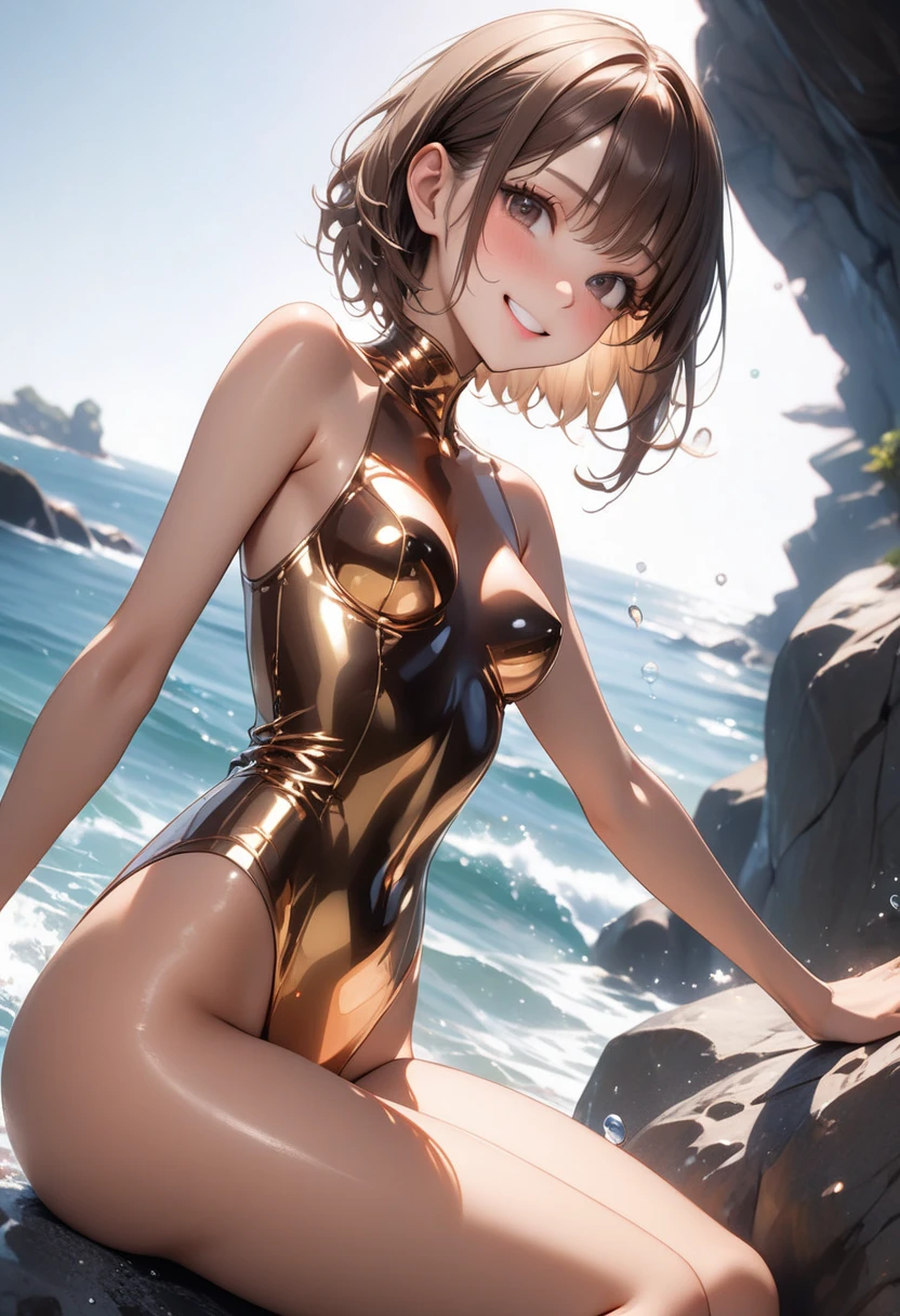 Top image quality、top-quality、8K picture quality、1girll、full body Esbian、hitomi、A smile、embarrassed from、red blush、Beautiful fece、(Red headband:1.2)、(Gold Metallic:1.4)、(Sleeveless)、(High neck competitive swimsuit)、(highleg)、(Crotch penetration)、(pin heels)、Squatting on the ground、(Open your crotch wide from side to side)、Arms behind your head、(Show off your armpits)、gazing at viewer、((Face the viewer))、((Show viewers your crotch)) 、((Frontal shot))、in poolside、profetional lighting、professional photograpy