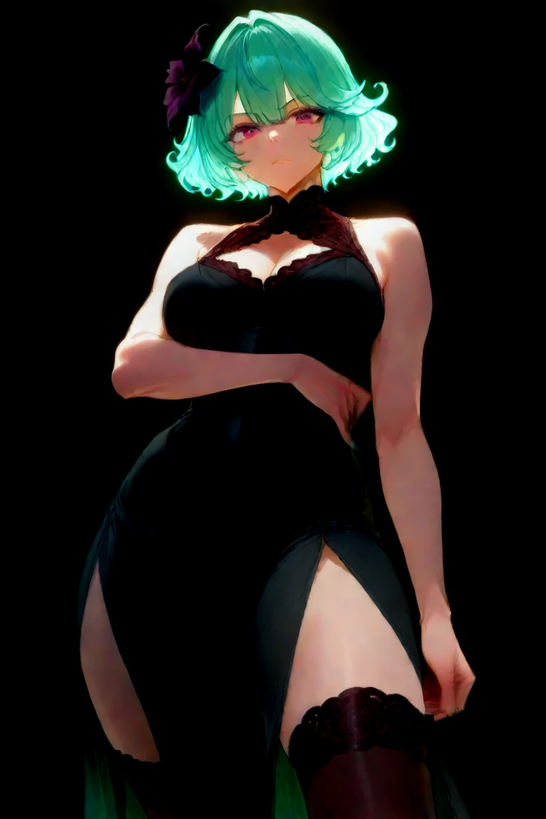 1girl, long blue green hair, pink eyes(glowing), thick figure, voluptuous, pale skin(extreme), black dress, chiaroscuro, stone ruins, cosmic, Galaxy in water, from above, 8k, absurdres, best quality