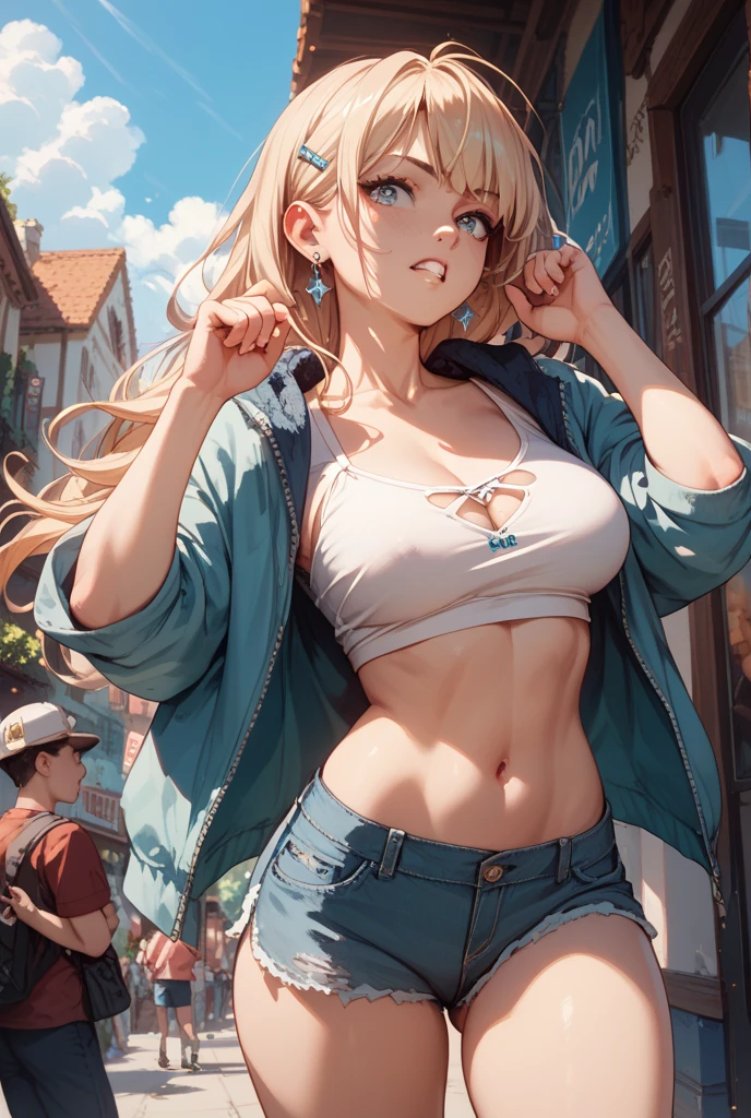 (masterpiece:1.2), best quality, PIXIV, cool girl, glorious, blonde hair, street, short shorts, big breast