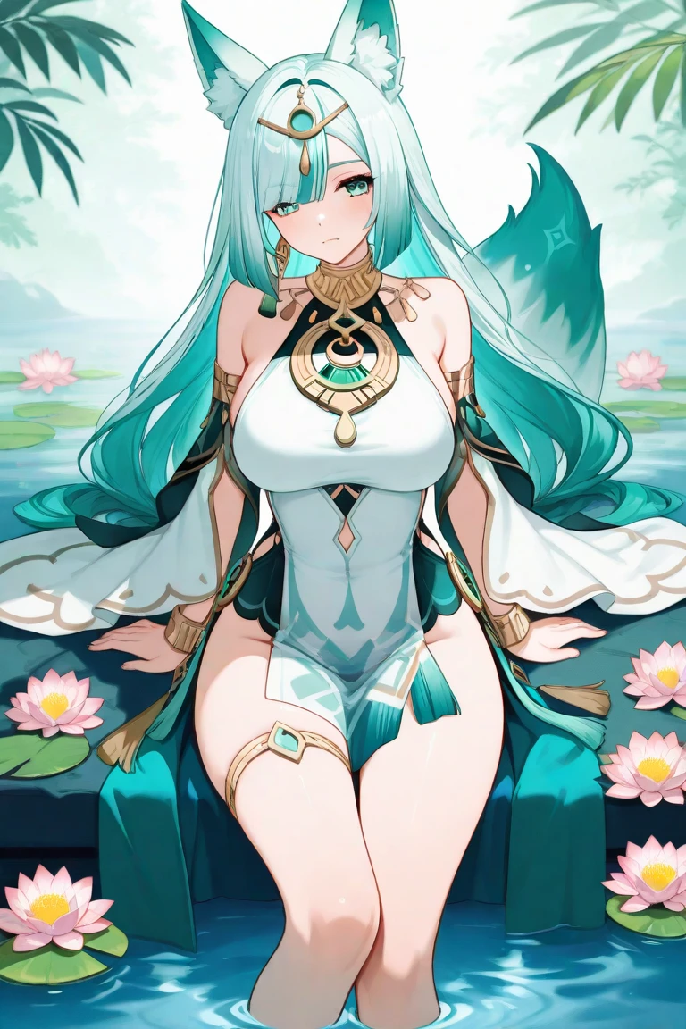 A girl with long blue hair covering one eye, emerald green eyes, and exposed breasts in a cheongsam