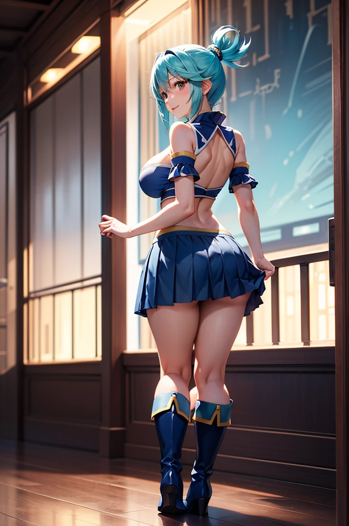 masterpiece, best quality, highres, mer1, tiara,japaniese idol,slander, sailor senshi uniform, (torn clothes:1.1),blue sailor collar, bow, knee boots, choker, white gloves, blue choker, elbow gloves, jewelry, earrings, blue skirt, (underboob:1.3), large breasts, navel, cowboy shot, embarrassed, crotchless thong, crotchless panties,(back shot,ass,butt up,back view,ass,butt up:1.5), (upskirt, from below:1.3), cameltoe, erotic, surrounded by machinery and big screens, technological background,(arms behind head:1.3),(naturaly tits stand:1.2),full-face blush,(frown:1.3),sad,(cowboy shot:1.1),