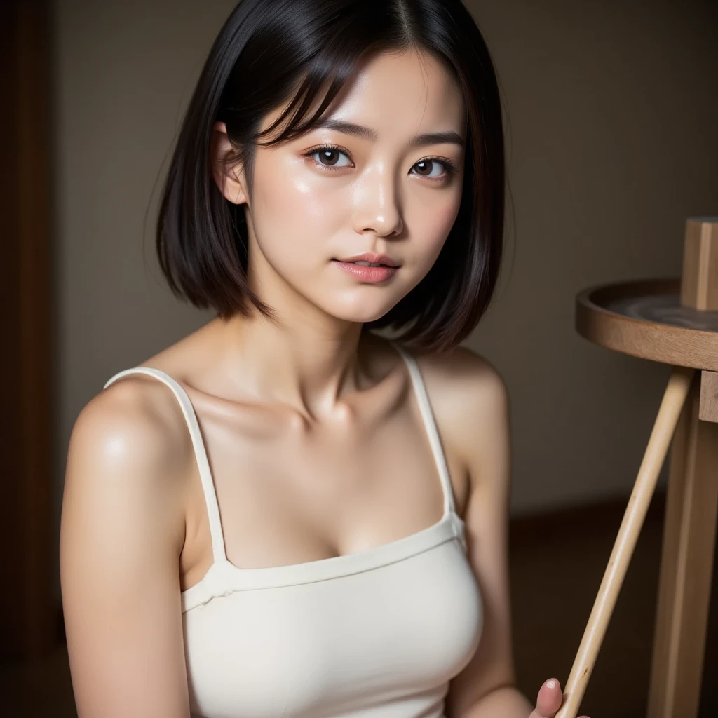 ((Best picture quality, 8K, tmasterpiece:1.3)), 1girll, Beautiful woman with slender abs:1.3, (Casual hairstyle, No leakage of big breasts:1.2), Low-cut bra,Super large,Ultra-fine face, A detailed eye, 二重まぶた,ssmile,Home,The figure is very bad,tiny small waist,Super big breasts,Close-up,Close-up chest,White-skinned,The background is casual,Close-up Shot Shot