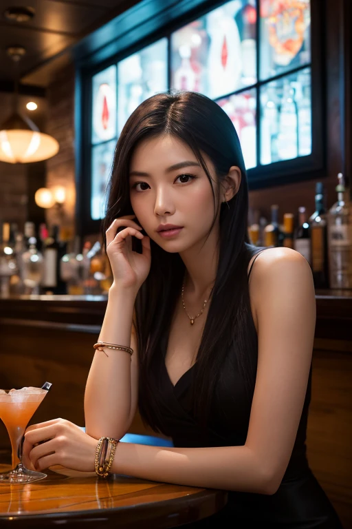 photo of black hair female, natural skin, realistic skin, beautiful refined oily skin, real skin texture, sharp face lines, skinny face, beautiful slim face, black long hair, beautiful dimples cheeks, slim beautiful japanese face, beautiful face, beautiful nose, masterpiece, high resolution, 21 years old, busty female, american mixed japanese ethnic female, At a sophisticated home bar, mixing a cocktail, wearing a sleek, figure-hugging dress, elegance and temptation mixing with every stir