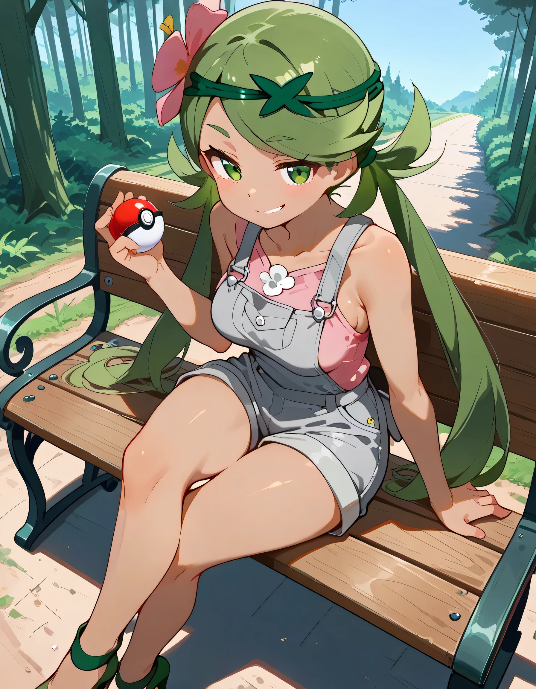 high resolution picture, masterpiece, best quality, amazing quality, from above,solo,leaing forward:1.3, zzMallow, green hair, green eyes, hair flower, hair ornament,zzMallow, green hair, green eyes, hair flower, hair ornament, grey overalls, pink shirt, sleeveless, grey shorts, medium breasts, BREAK (curvy), holding poke ball, smirk, blue sky, road, forest, sitting, bench, high heels, crossed legs, leg up,soft lineart,flat color background,