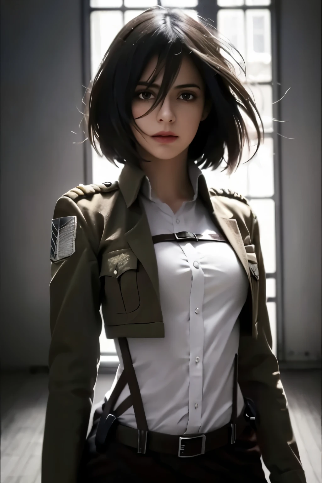 Generate image of one beautiful girl, beautiful hair, realistic, high quality, (masterpiece: 1.5), highly detailed, detailed eyes, Mikasa, in her military uniform, image from head to thighs