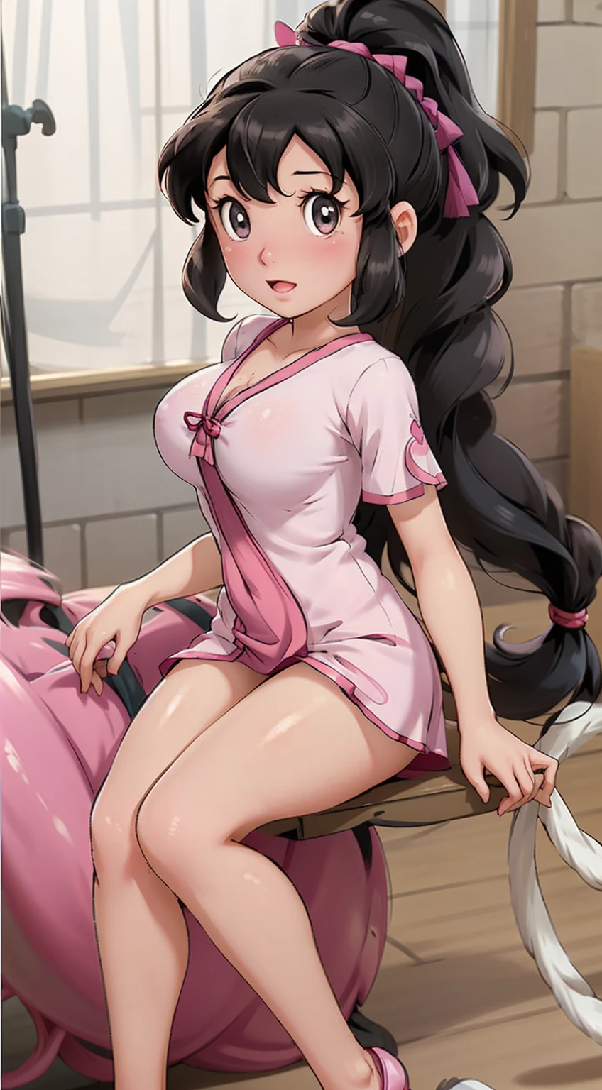 Beautiful 15 year old Chinese Kung Fu princess with long black braids Gorgeous embroidery, Ultra glossy, She is wearing shiny red long sleeve floral pajamas.... She is put into a liquid capsule, her legs spread, and while an IV is pumped into her hairy pussy, she closes her eyes and cries.