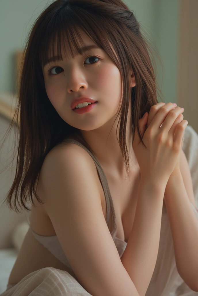 ((masterpiece)), ((best quality)), (ultra-detailed), ((extremely detailed)), 4K, (8K), best quality, (nsfw), (beautiful)3, realistic, real, Japanese style room, a cute girl, (nude), beautiful light brown hair, beautiful brown eyes, ((beautiful eyes)), slim, cool face, straddling, ((vaginal sex)), from side, Japanese girl, breast squeeze, ((look away)), sex, sex, sex