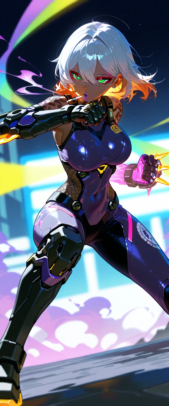 best quality,4k,8k,highres,masterpiece:1.2),ultra-detailed, extremely detailed eyes, extremely detailed body, (large masterpiece digital art), (detailed manga illustration), (detailed line art), ((perfect anatomy)), high quality, expressive eyes, full body, tall girl, detailed face, beautiful face, perfect face, breasts, cleavage, gloves, A photograph of mid-twenties Japanese female android made of shiny white and silver translucent glass and plastic, geisha makeup and hairstyle, silver metal internal body mechanisms, dynamic pose, flowing organic construction, glowing golden circuitry, colorful neon trim, glowing circuitry, neon trim, depth of field focus f/2.8, art by H.R. Giger, Greg Rutowski, bodysuit, thick thighs, toned, emblem, cinematic lighting, dynamic lighting, 4k resolution, dynamic pose, weapon, energy weapon, cover, mecha musume, fortified suit, mechanical parts, headgear, robot joints, bodysuit, deva battle suit, gloves, Atey Ghailan, Jeremy Mann, Greg Manchess, Antonio Moro, trend in ArtStation, trend in CGSociety, Intricate, High Detail, Sharp focus, dramatic and photorealistic painting art by Midjourney and Greg Rutkowski, Jeff Bridges, ((cartoon style)), Marvel Cinematic Universe style,