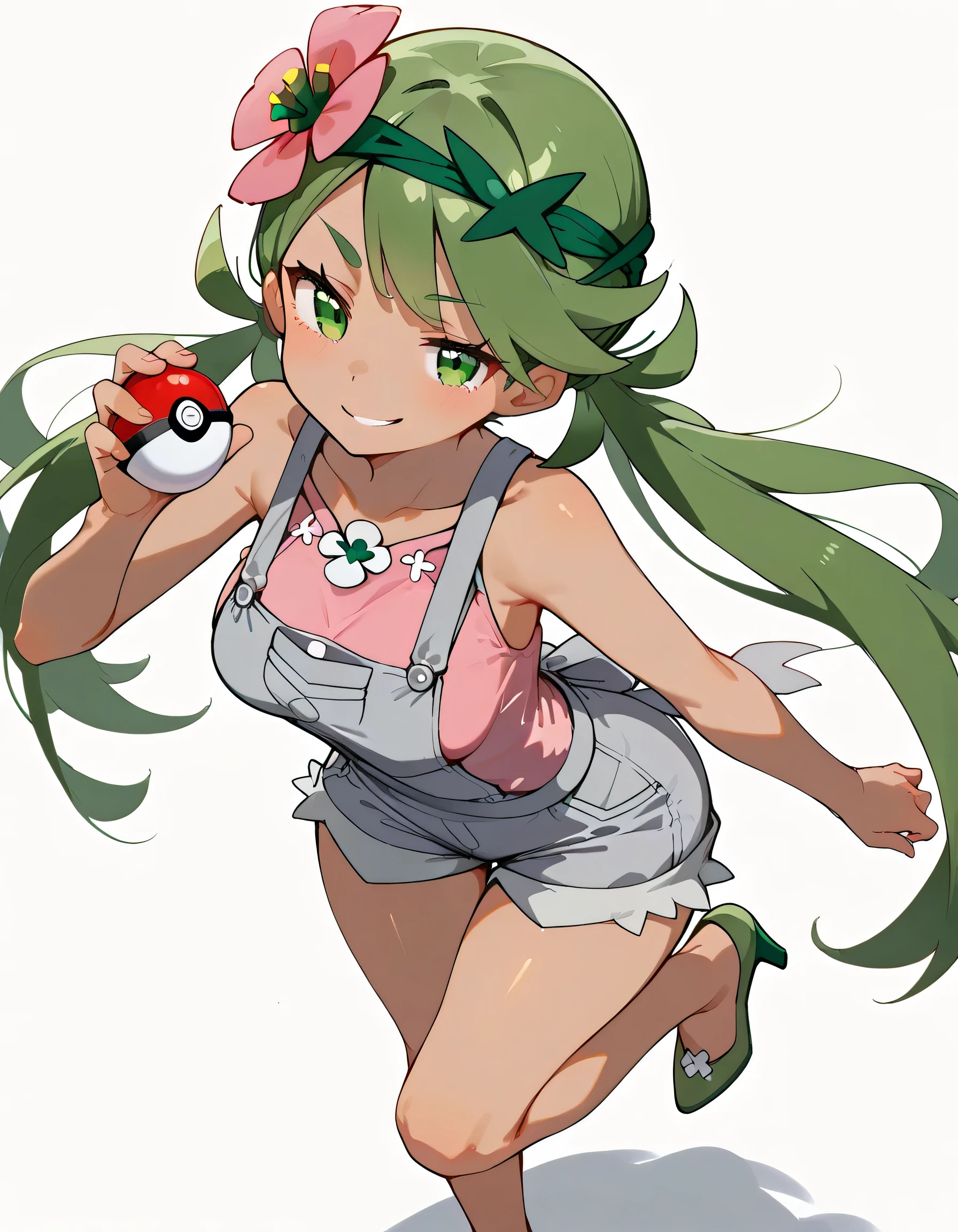 high resolution picture, masterpiece, best quality, amazing quality, from above,solo,leaing forward:1.3, zzMallow, green hair, green eyes, hair flower, hair ornament,zzMallow, green hair, green eyes, hair flower, hair ornament, grey overalls, pink shirt, sleeveless, grey shorts, medium breasts, BREAK (curvy), holding poke ball, smirk, high heels, leg up,soft lineart,flat color background,