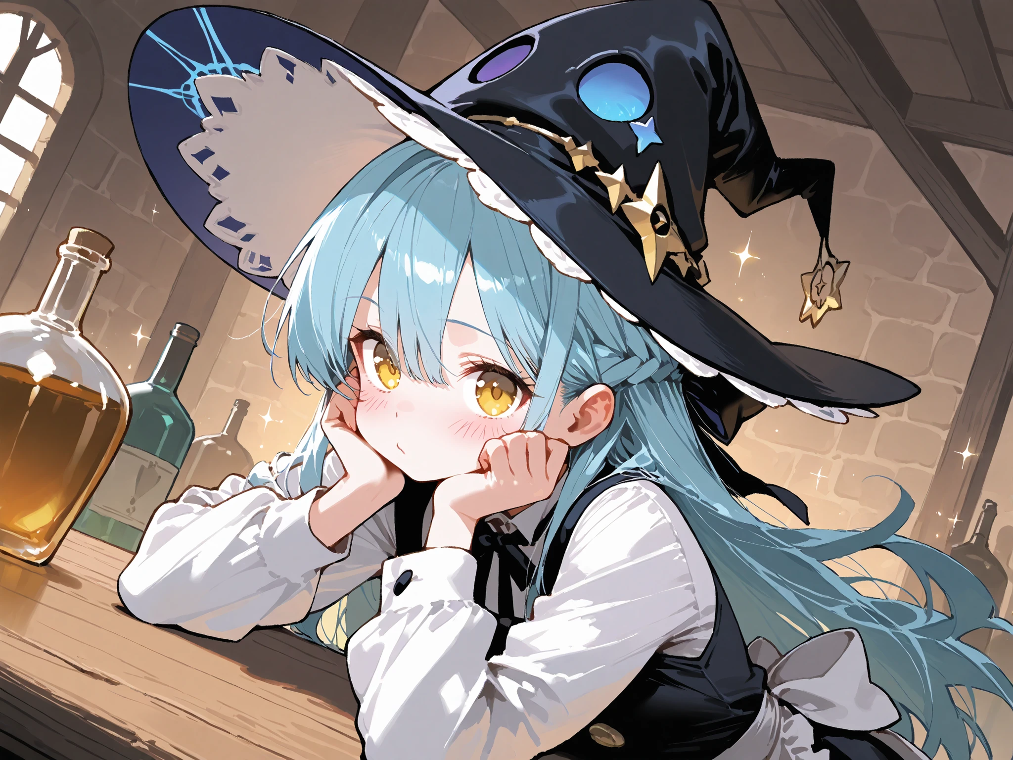 (beautiful girl:1.3), (1girl:1.3), (petite and cute, witch girl, bartender, witch hat), bright blue hair, (half updo:1.3), long hair, yellow eyes, bashful, blush, alchemical bottles and potions, dynamic angle, medieval tavern interior, wooden table, magical sparkles in the air, dimly lit, masterpiece, best quality, super high resolution, rich contrast, HD, 8K, High Definition CG Unit Wallpaper, rich texture, extremely detailed, unbelievably high resolution