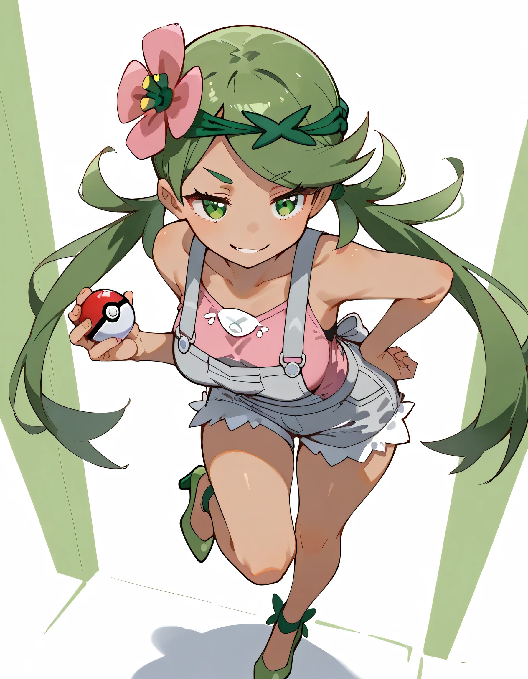 high resolution picture, masterpiece, best quality, amazing quality, from above,solo,leaing forward:1.3, zzMallow, green hair, green eyes, hair flower, hair ornament,zzMallow, green hair, green eyes, hair flower, hair ornament, grey overalls, pink shirt, sleeveless, grey shorts, medium breasts, BREAK (curvy), holding poke ball, smirk, high heels, leg up,soft lineart,flat color background,