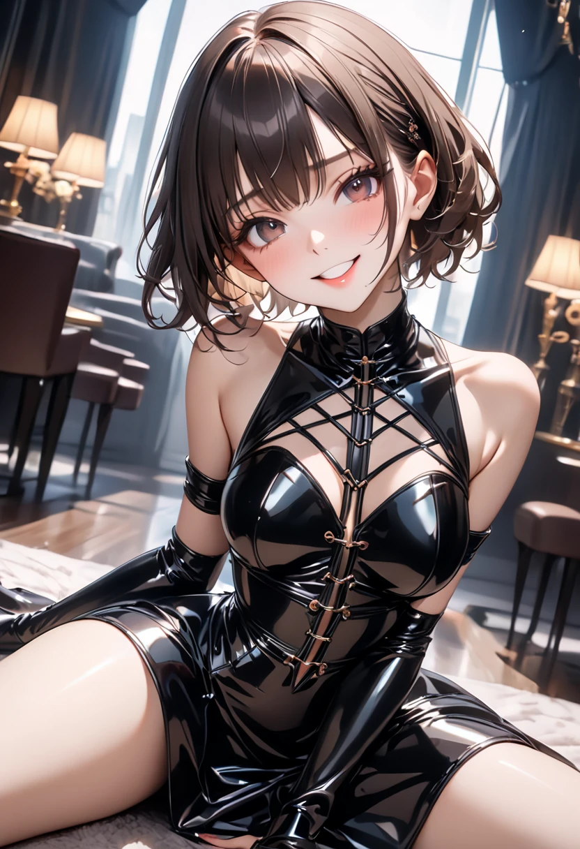 (masterpiece:1.3, top-quality, ultra high res, ultra detailed), (realistic, photorealistic:1.4), beautiful illustration, perfect lighting, natural lighting, colorful, depth of fields, surrealism,
beautiful detailed hair, beautiful detailed face, beautiful detailed eyes, beautiful clavicle, beautiful body, beautiful chest, beautiful thigh, beautiful legs, beautiful fingers, shiny skin,
looking at viewer, 1 girl, , (perfect anatomy, anatomically correct, super detailed skin), cute and symmetrical face, babyface, perfect face, perfect eyes,
(short hair, bob hair, blonde hair), swept bangs, maroon eyes, big eyes, long eyelashes, (large breasts, seductive thighs, big ass), slender, narrow waist,
(purple latex costume, cheongsam:1.4, thigh boots, latex thigh-highs, high heels),
(beautiful scenery), evening, (burger shop), standing, (lovely smile, parted lips),