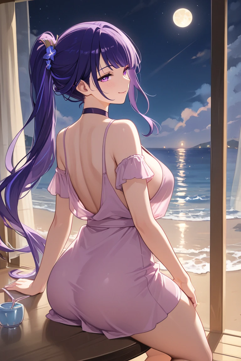 Highest quality, (masterpiece:1.2), Very detailed, Flowers, forest, One Girl, alone, yuzuriha,View Audience, Middle chest, smile, Open your mouth,Red eyes, Purple Hair, ponytail, Chest cleavage, score_9、score_8_upper、score_7_upper、score_6_upper、Source Anime、1 girl、alone、Perfect Face、Perfect Eyes、Cute Face、Sexy Girls、Fascinating、Beautiful Eyes、 body、Glowing Skin、Wide Hips、 chest、Balcony along the coast、Weathered wooden furniture on the beachfront、Ocean themed decor、Refreshing linen curtains swaying in the sea breeze、A collection of shells and driftwood lined upper on a shelf、And the sound of the waves lulls me to sleep、Skin dents、Chest misalignment、Smooth and straight cottage、exit、bohemian chic summer outfits: Flowing maxi skirt、cropped bohemian blouse、Fringe sandals、Straw hat、Beaded Bracelets、Tassel Earrings、Round ass、Turn your back on the viewer、Reach your audience、Grin、片方の眉をupperげる