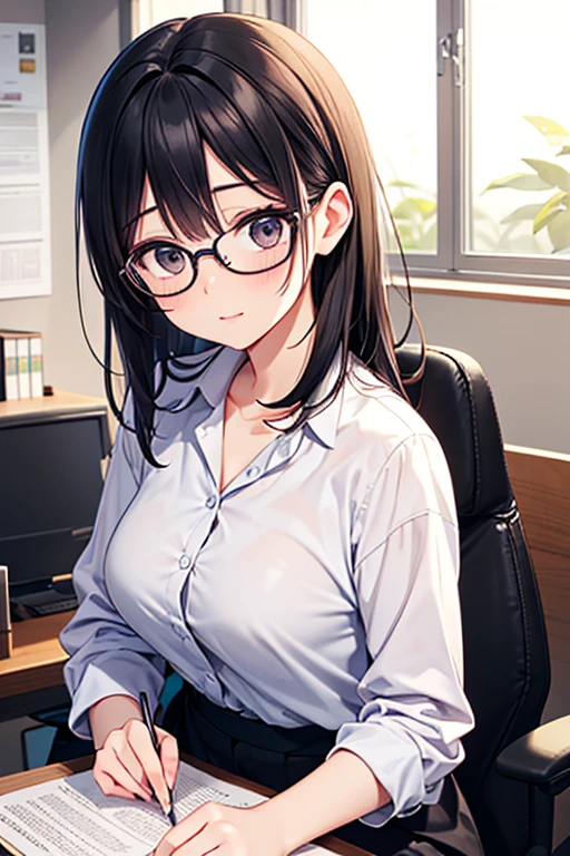 ((masterpiece)), ((best quality)), (ultra-detailed), ((kawaii)), cute, (lovely), ((sexy)), (ero), ((extremely detailed)), 4K, (8K), best quality, (beautiful), anime style, upper body, focus on the face, full body focus, office, personal computers, morning, a cute girl, 1girl, solo, suit, beautiful light brown hair, beautiful purple eyes, ((beautiful eyes)), white-skinned, ponytail, transparent hair, translucent hair, large breast, glasses, earrings, necklace, cup, coffee, light smile, lens flare, reflection effect