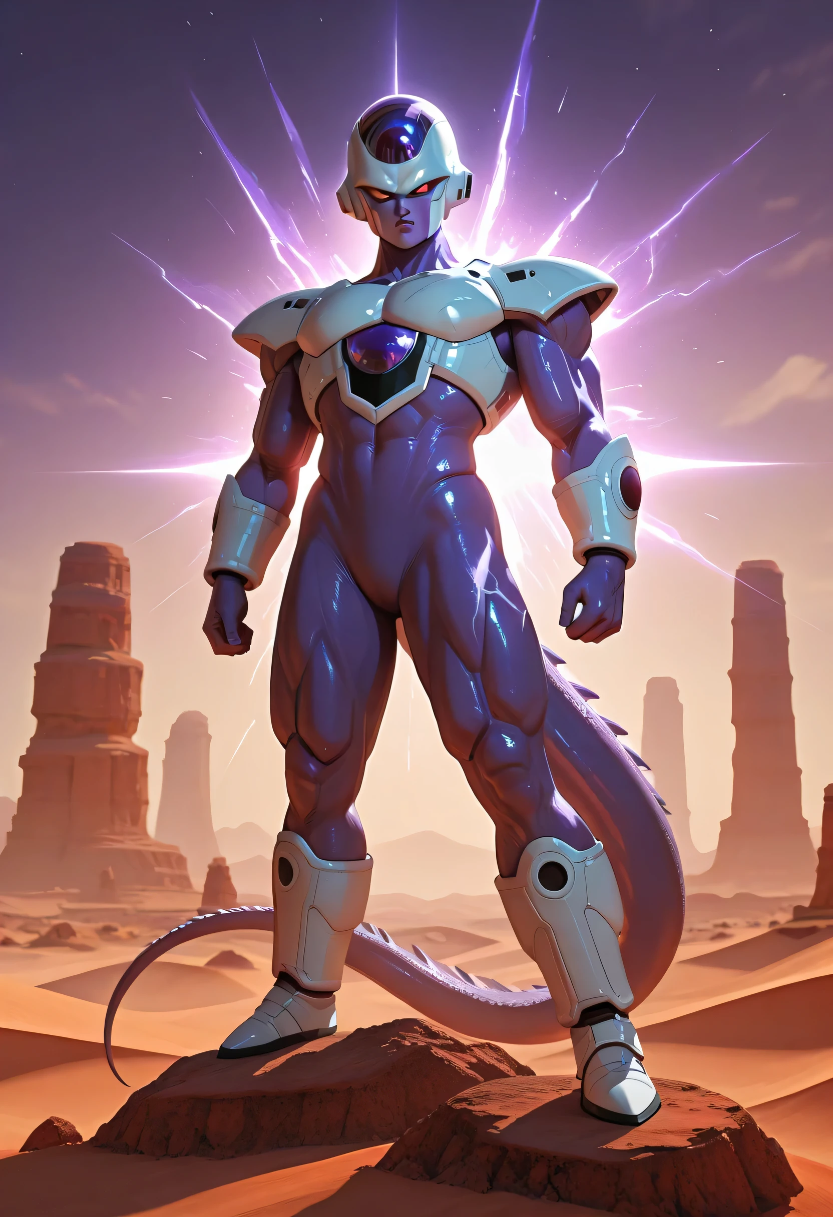A hyper-realistic CGI rendering of Cooler in Final Form from Dragon Ball Z. The character stands in an intimidating pose in an alien desert landscape, with a muscular purple body, white bio-armor, and a long, curved tail. His white helmet features a deep blue gem and red eyes that glow with energy. The scene is rendered with Unreal Engine-quality lighting, cinematic shadows, and highly detailed textures on the skin, armor, and surroundings. The background features a surreal alien sky with floating orbs of light and sharp white rock formations. The sheen of his skin and realistic reflections add to the dramatic and powerful feel of the character.