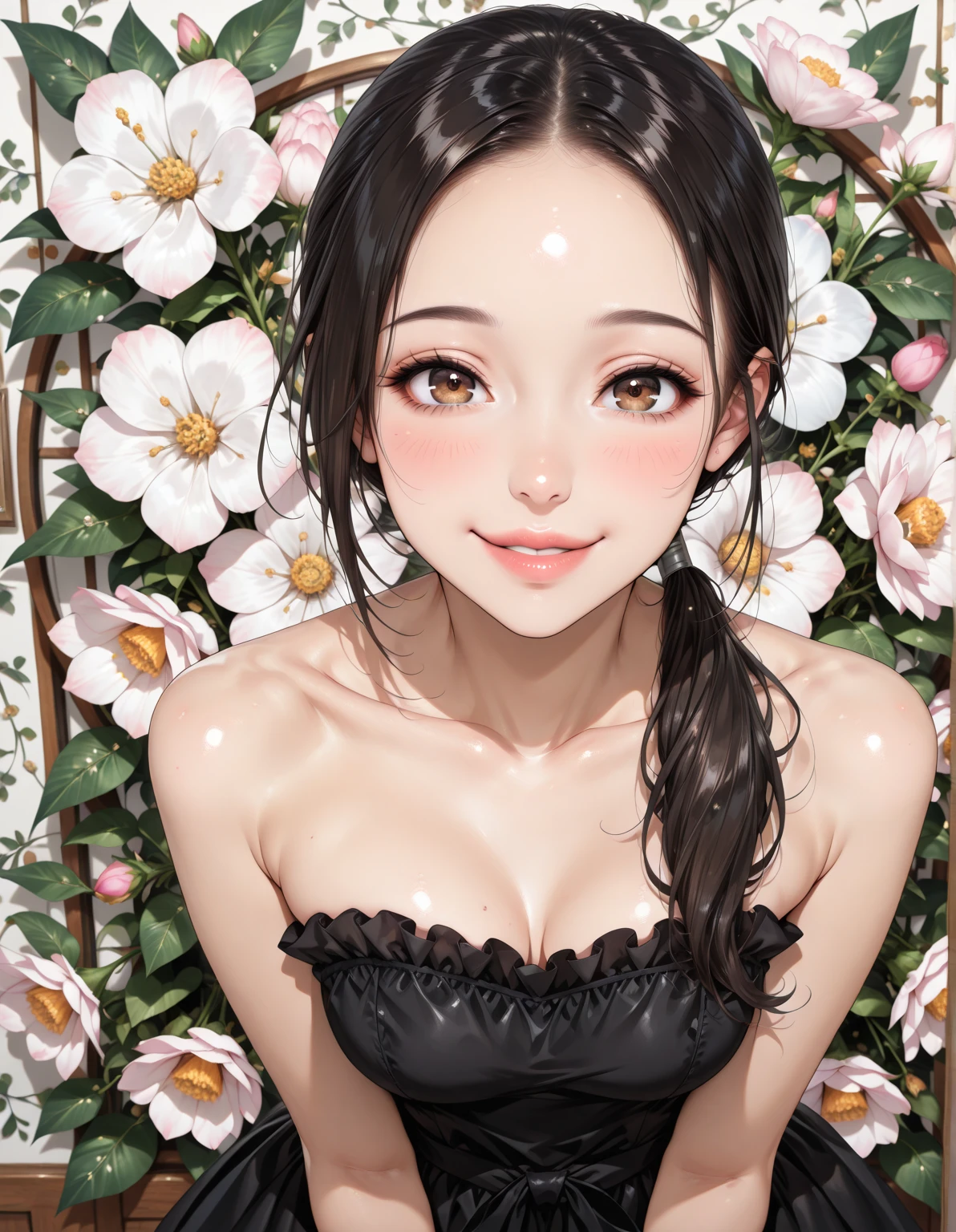 (8k, RAW Photos, Highest quality, masterpiece, Soft Cinema Lighting, Soft colors:1.4),(throw,From above:-0.0),(From below,Sealing:-0.0),( looking at the camera:1.5),(Beautiful eyes focus,Beautiful eyes close-up:1.5), (Realistic:1.2), (Dark old Japanese room,Flower painting background:1.5), (alone, Woman,19 years old,Super beautiful face,Highly detailed beautiful eyes :1.5), {Sailor suit,(Showing nipplelow cut mini skirt,thin :1.3}, (Embarrassing,Red cheeks:1.25),Long Hair, {{Slicked back hair}}, , Beautiful Skin, (Small Ass:0.5),(Covd nipples:0.8),(Hug, wide, heavy pendulous breasts,Puffy areola:1.er the c:1.7),k, Curvy:1.3),(Very thin:1.5),(Seductive Pose:1.7),(Open your mouth:1.1),(Kneel:-0.0),