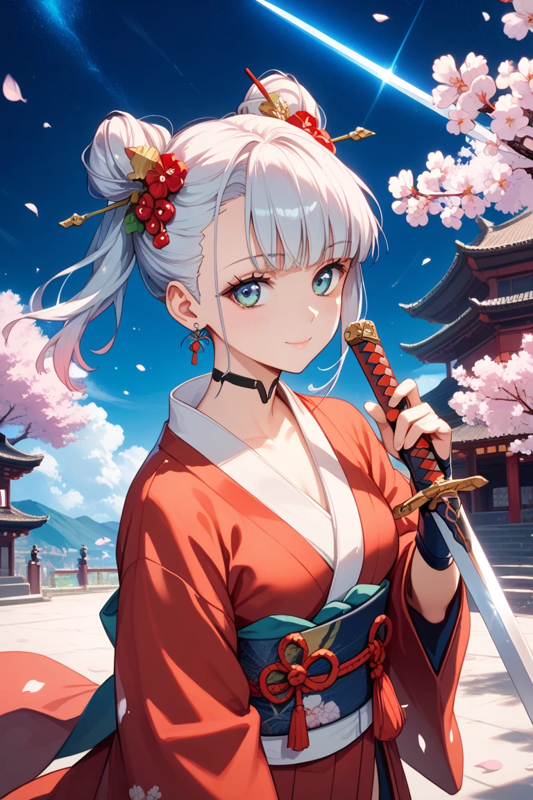 very beautiful cyberpunk girl samurai, white cherry blossoms and red kimono, night sky,beautiful sword, sword and girl incarnation dragon wrapped around the girl, aDraw the sword a little,nime fantasy artwork, beautiful anime style, cute anime character design,no ugly,no deformity,no smile,
