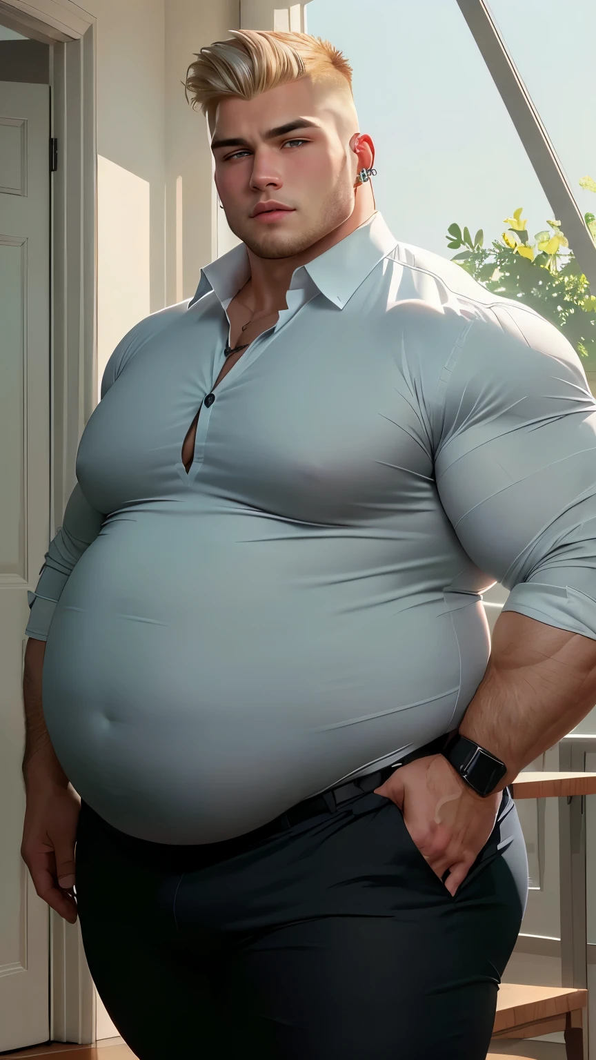 raw,realistic photo,portrait,(1male)a thick-bodied chinese muscular strongman wear a White Shirts , gainer_belly leak belly,thick arms,plump thick muscular chest,raised plump crotch,Formal trousers,mature,masculine