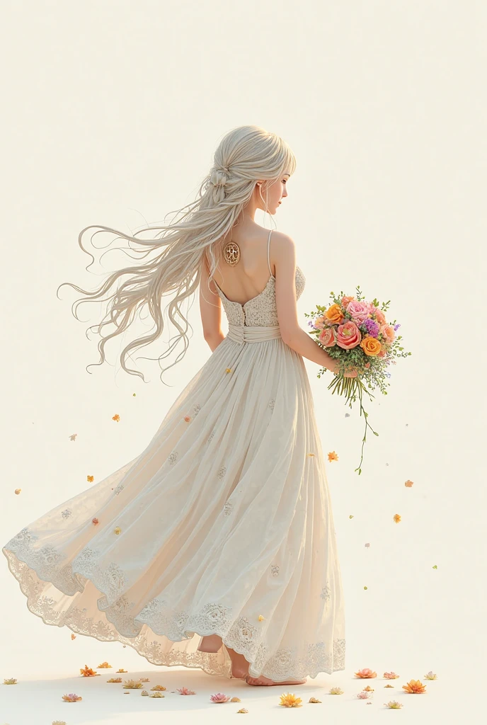 The wind gently wraps around your long flaxen hair
Girl has a white bouquet on her chest