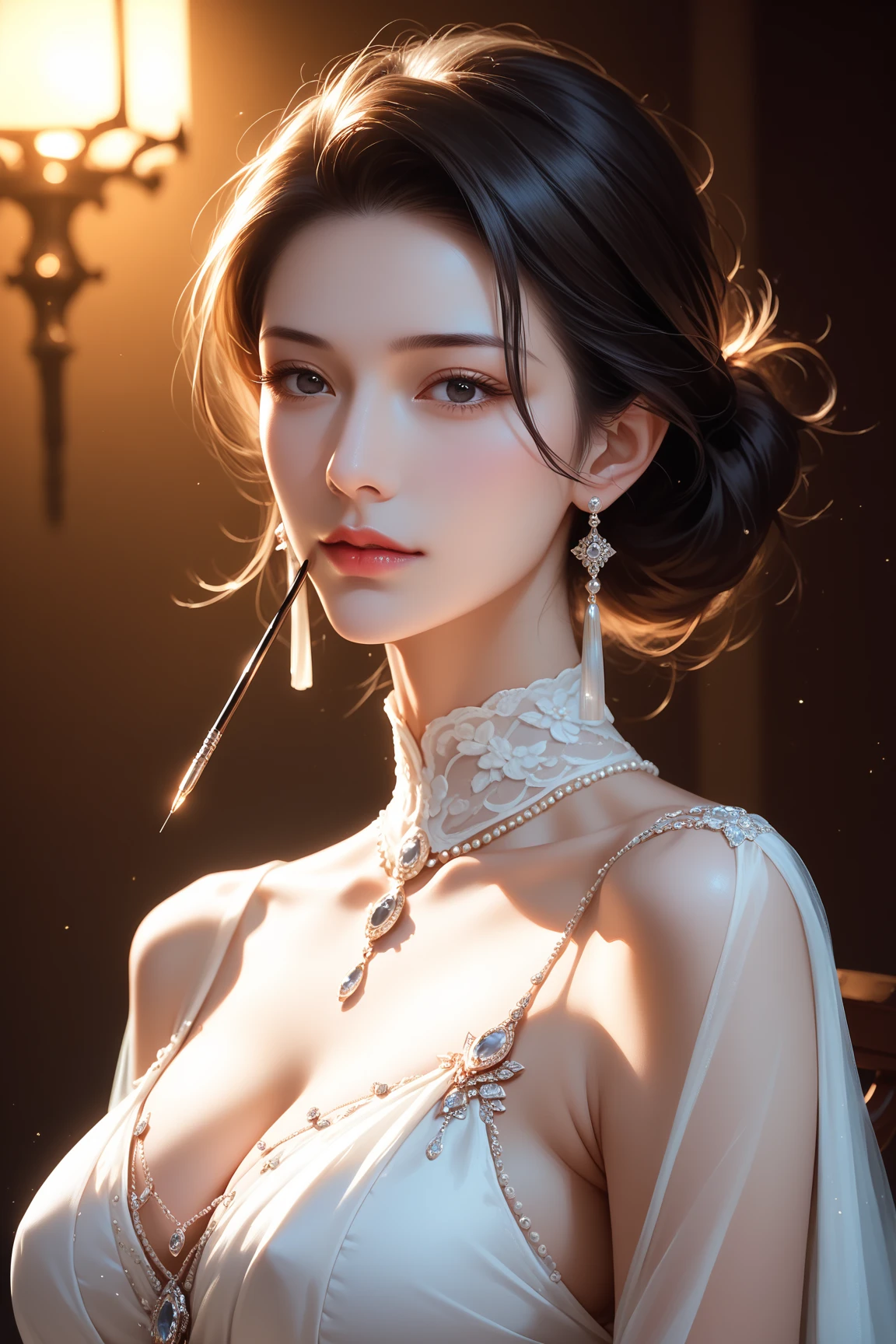 ((best quality)), ((masterpiece)), (detailed), 1girl, NSFW, small breasts, prominent collarbones, skinny arms, flat stomach, visible hip bones, long hair, ponytail, thick ponytail, heavy ponytail, red and white clothing, Bloodborne inspired, occult aesthetic, occult, detailed and intricate steampunk and detailed gothic