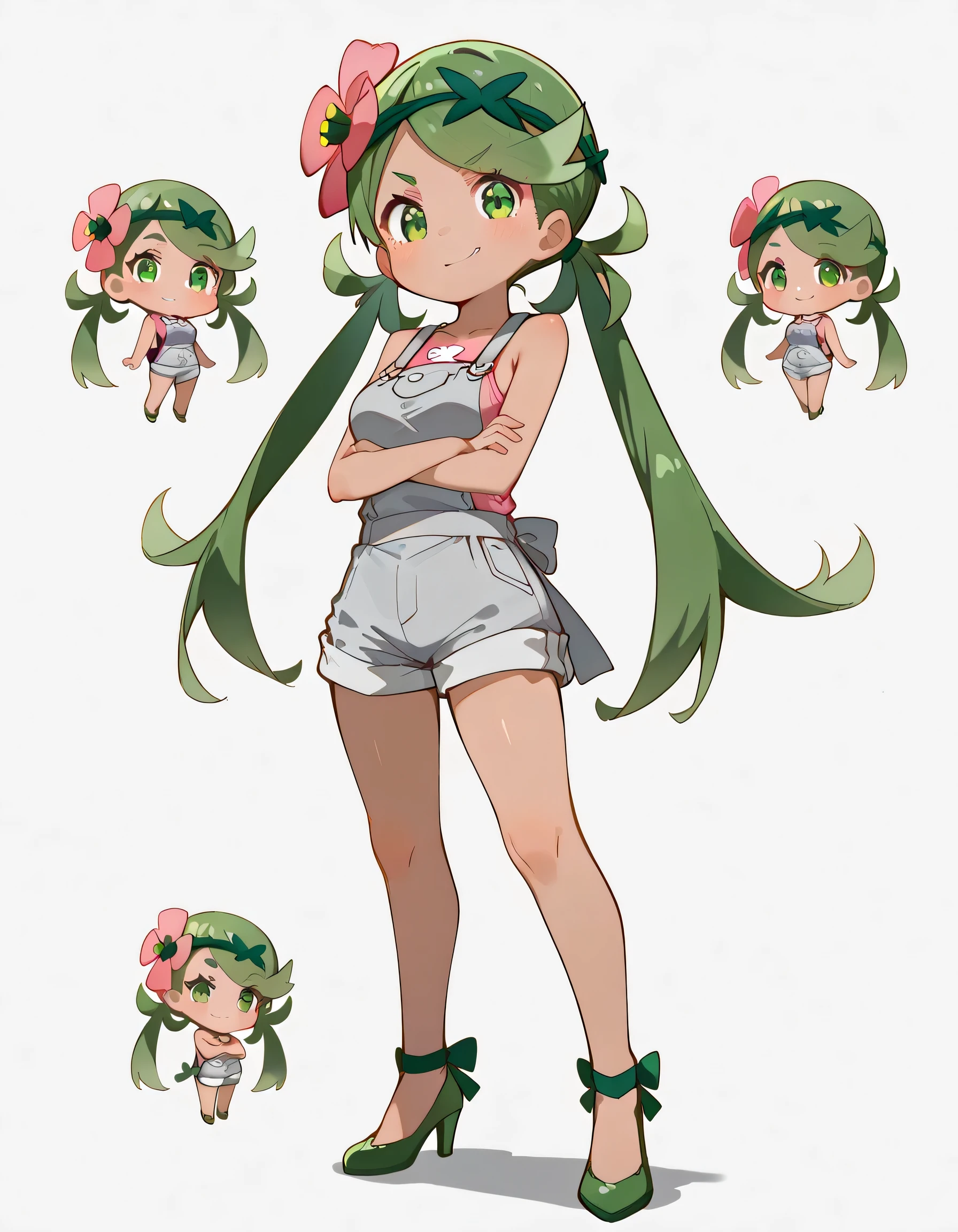 (chibi,fullbody)high resolution picture, masterpiece, best quality, amazing quality,solo, zzMallow, green hair, green eyes, hair flower, hair ornament,zzMallow, green hair, green eyes, hair flower, hair ornament, grey overalls, pink shirt, sleeveless, grey shorts, medium breasts, crossed arms, smirk, high heels,,soft lineart,white color background,