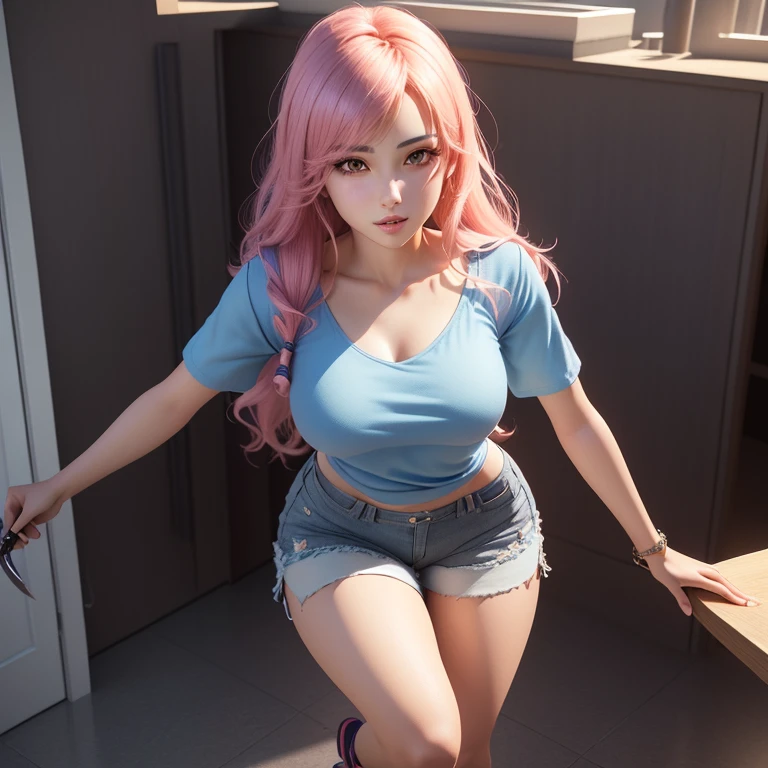 One Girl posing for photo in pink bra and tight denim, upper body, with cropped pink bar, bra and streetwear, slim figure, oversized bust, slim girl model, 24 year old female model, --auto