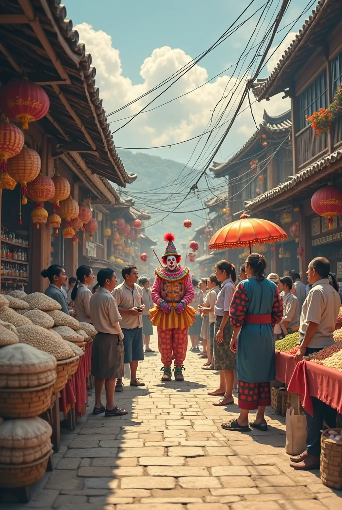 masterpiece, best quality, extremely detailed, hyperrealistic, photorealistic, a cool 40s man, ultra detailed face, clown makeup, red pirate hat, white skin, red nose, blue long hair, townscape of the edo period, laughing, walking