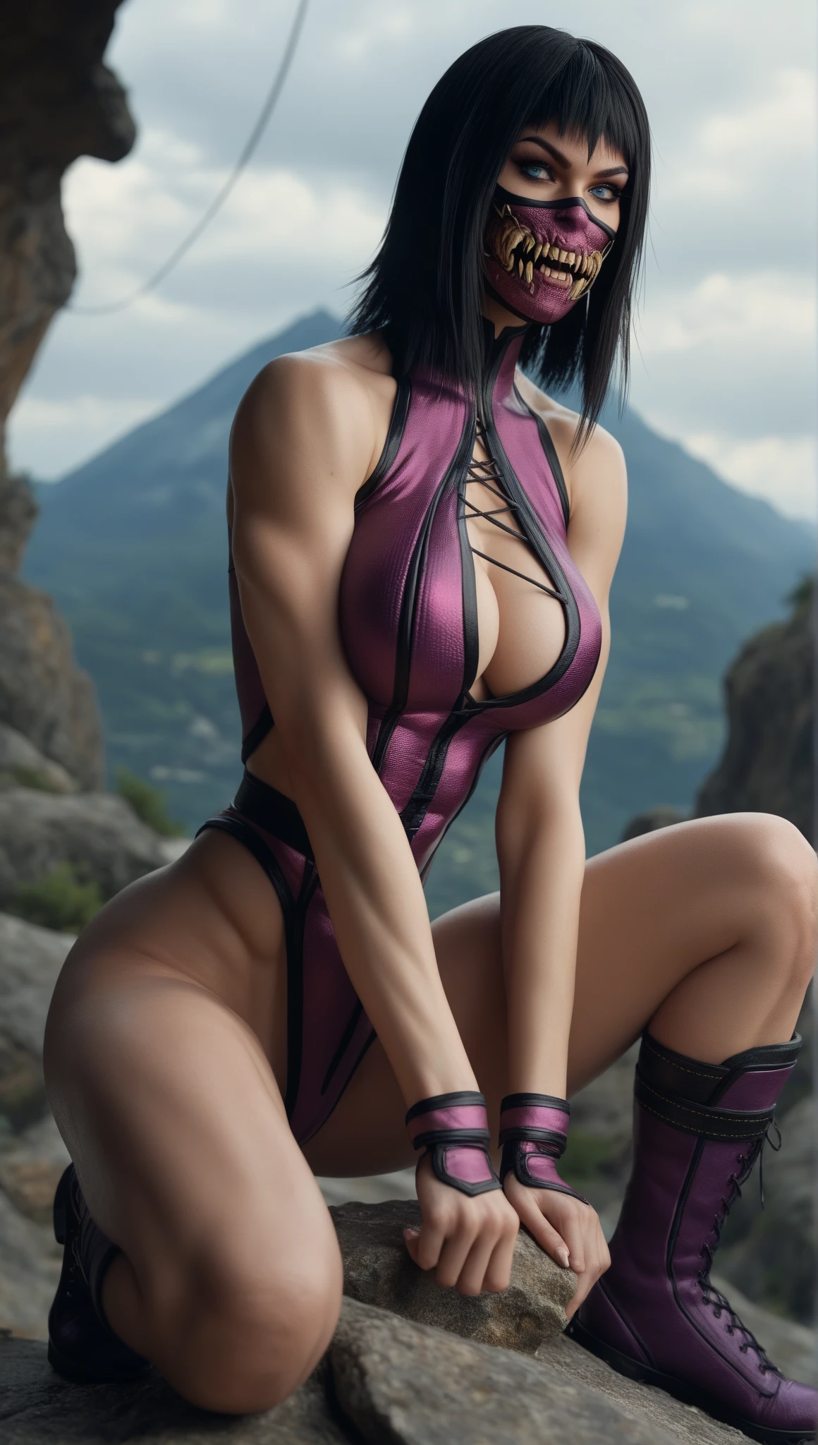 (High quality photo, ultra realistic, ultra hd, 8k, great lighting on the character, character from the game (MORTAL KOMBAT)), (Mileena) super beautiful with her skintight costume, sexy, epic photo, close-up of her beautiful face, normal hands, detailed fingers, masterpiece, perfect girl, nija erotica, (realistic 8k, photo-realistic: 1.37), realistic detailed, 1girl, stylish hair:1.5, sexy hair, beautiful black:1.2, green eyes:1.5, glowing eyes, ((mortal kombat mileena)), ninja, weapons, kimono, sexy warrior dress, camel foot, ((mortal kombat)), long breasts, large hanging breasts, (excited breasts), erotic Mileena costume, focuses on your sexy body, slim body, wide hips, tight micro swimsuit, semi-nude, fighting pose, flexible body, sitting with legs open, wide-legged, camel foot, serene look, temple, meditation, Ninja Mask, I covered your mouth, eyes to the sky, (micro swimsuit glued to her, sexy, (vendor foot), sexy costume), super model, an erotic goddess woman, mask in a hurry, reflection, the background shows the light of the moon, moon, flower cherry tree, black background, gun in hand, hot erotic body, clothes glued to the body,