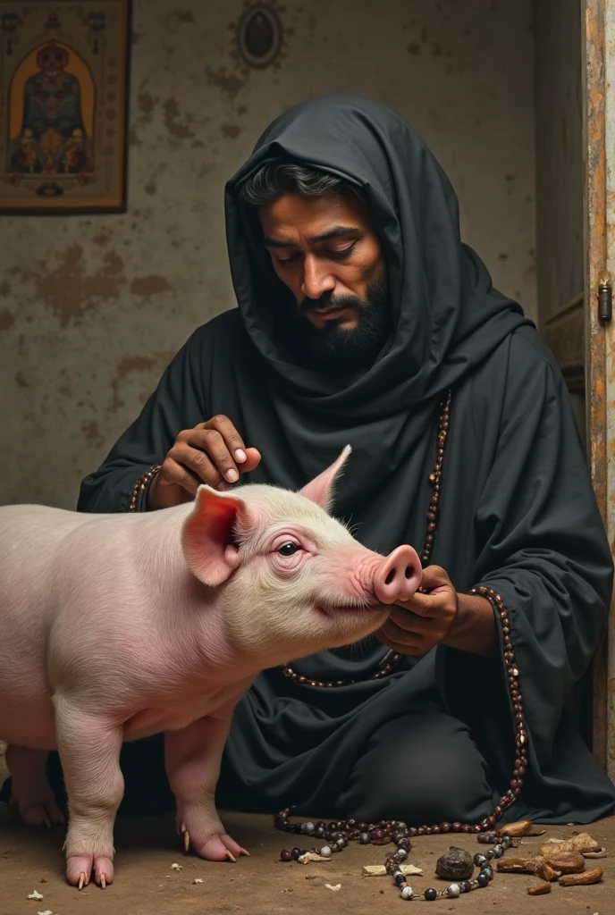 Generate a picture of prophet Mohammad eating pig