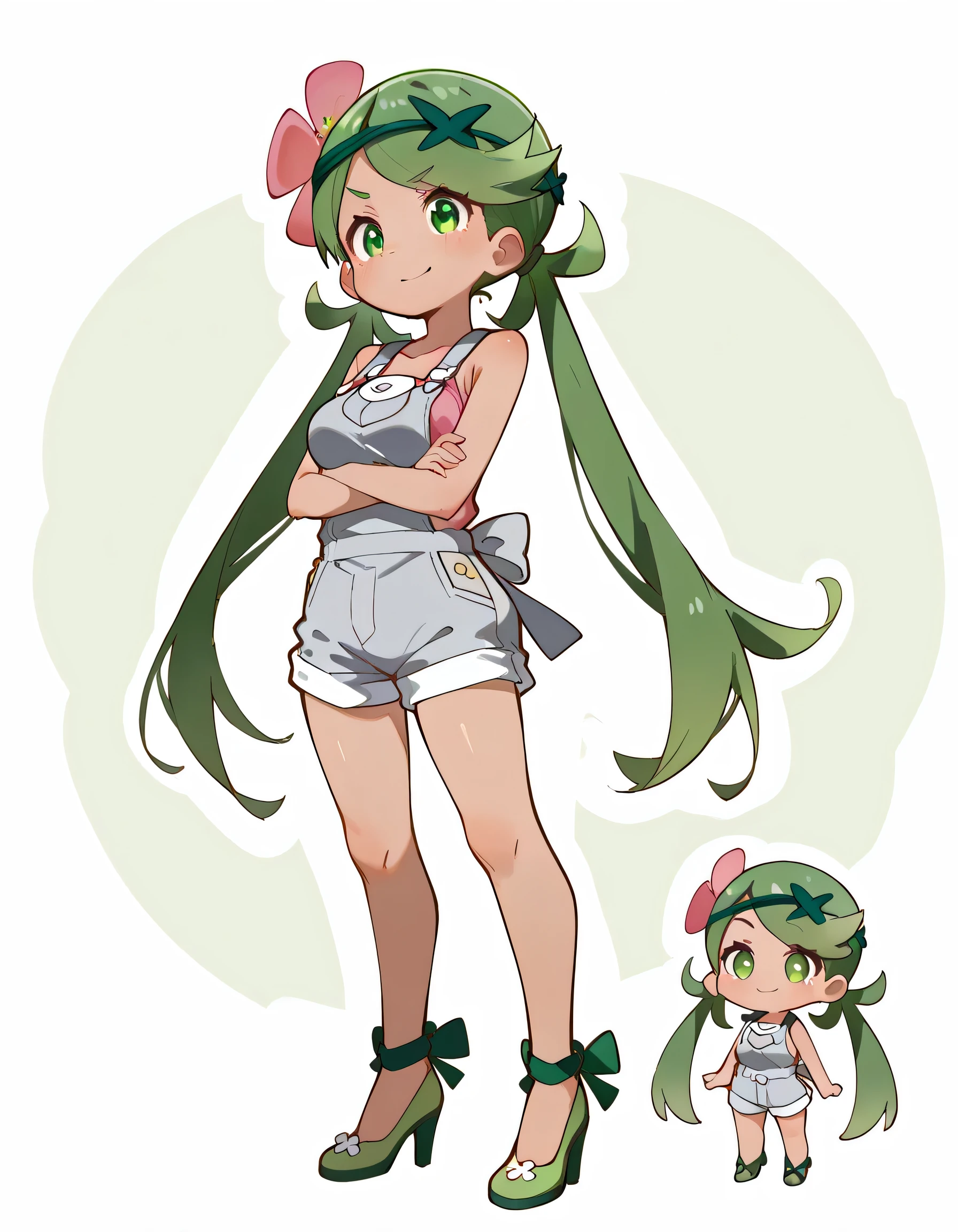 (chibi,fullbody),(warizaa),high resolution picture, masterpiece, best quality, amazing quality,solo, zzMallow, green hair, green eyes, hair flower, hair ornament,zzMallow, green hair, green eyes, hair flower, hair ornament, grey overalls, pink shirt, sleeveless, grey shorts, medium breasts, crossed arms, smirk, high heels,,soft lineart,white color background,