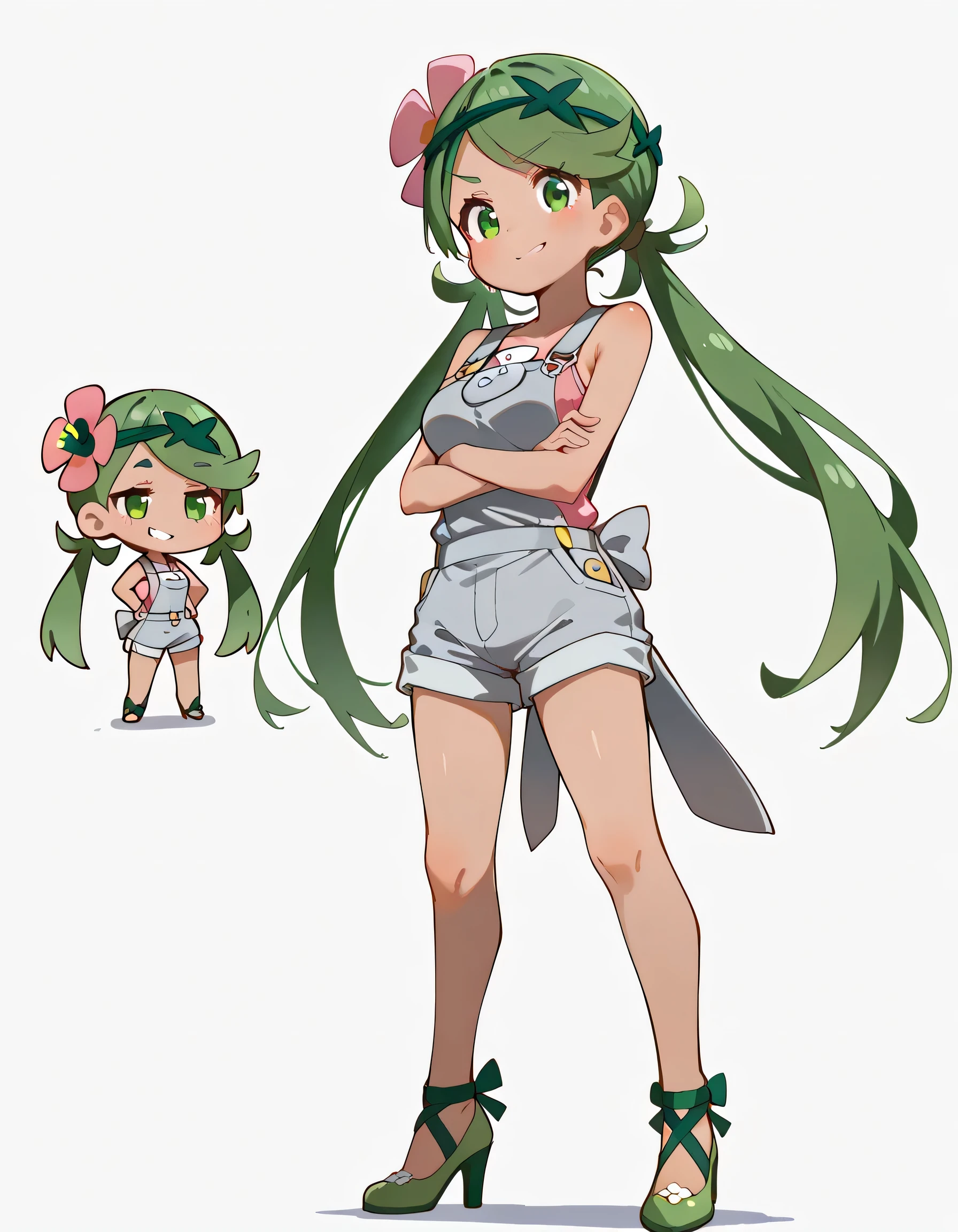 (chibi,fullbody),(warizaa),high resolution picture, masterpiece, best quality, amazing quality,solo, zzMallow, green hair, green eyes, hair flower, hair ornament,zzMallow, green hair, green eyes, hair flower, hair ornament, grey overalls, pink shirt, sleeveless, grey shorts, medium breasts, crossed arms, smirk, high heels,,soft lineart,white color background,