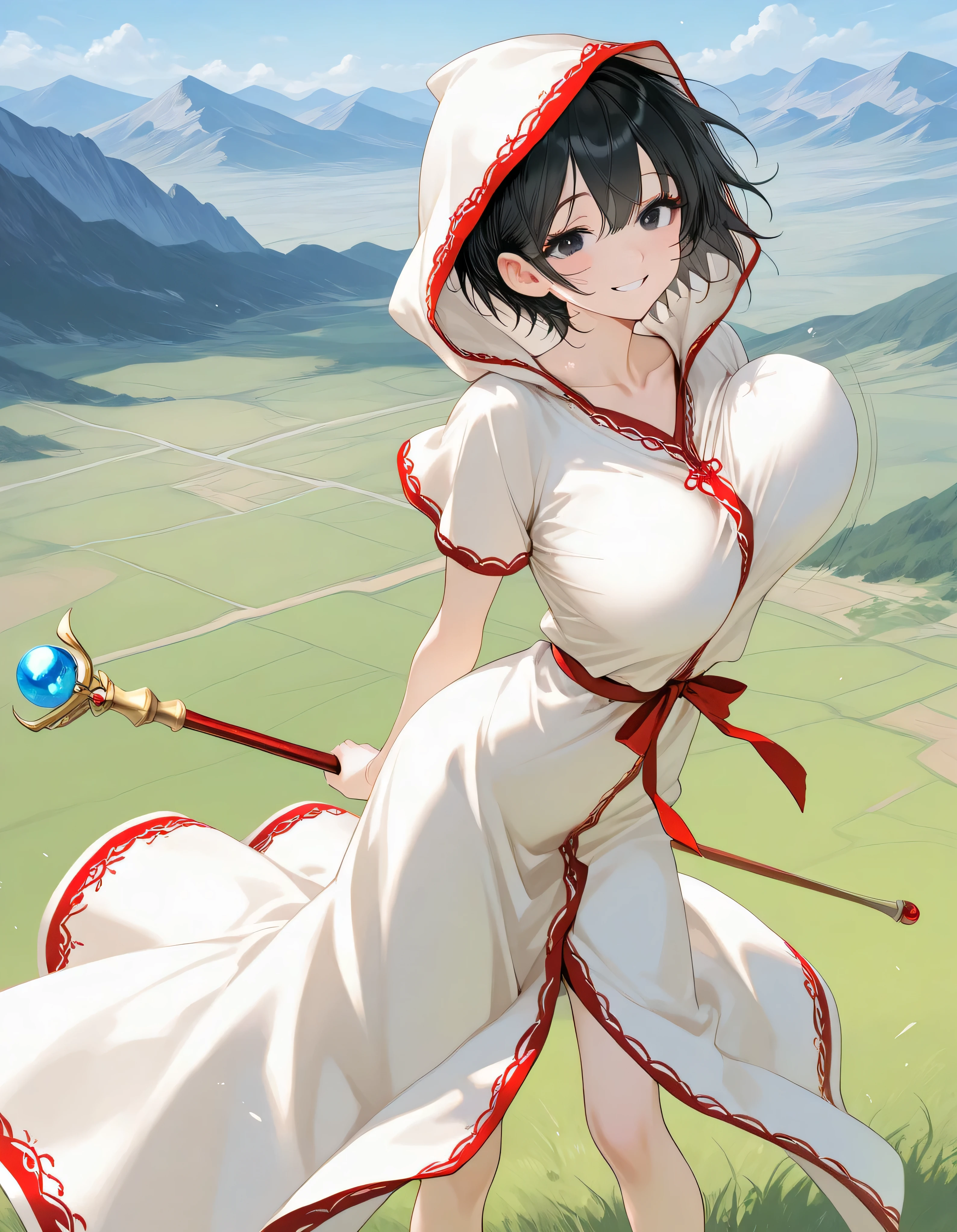 score_9, longlegs_v0.22_pony, BREAK, solo, 1 skinny girl standing, baby face, black eyes, black short hair, BREAK, bursting large breasts, (too short torso), (too short waist), too narrow waist, skinny legs, BREAK, smile for viewer, arched back, arms behind back, bouncing unaligned breasts, BREAK, very long white robe with hood, long robe under knee, (red embroidered white robe), collarbone, (holding 1 long scepter  with large head), (scepter longer than 2 meters), BREAK, landscape, orgasm