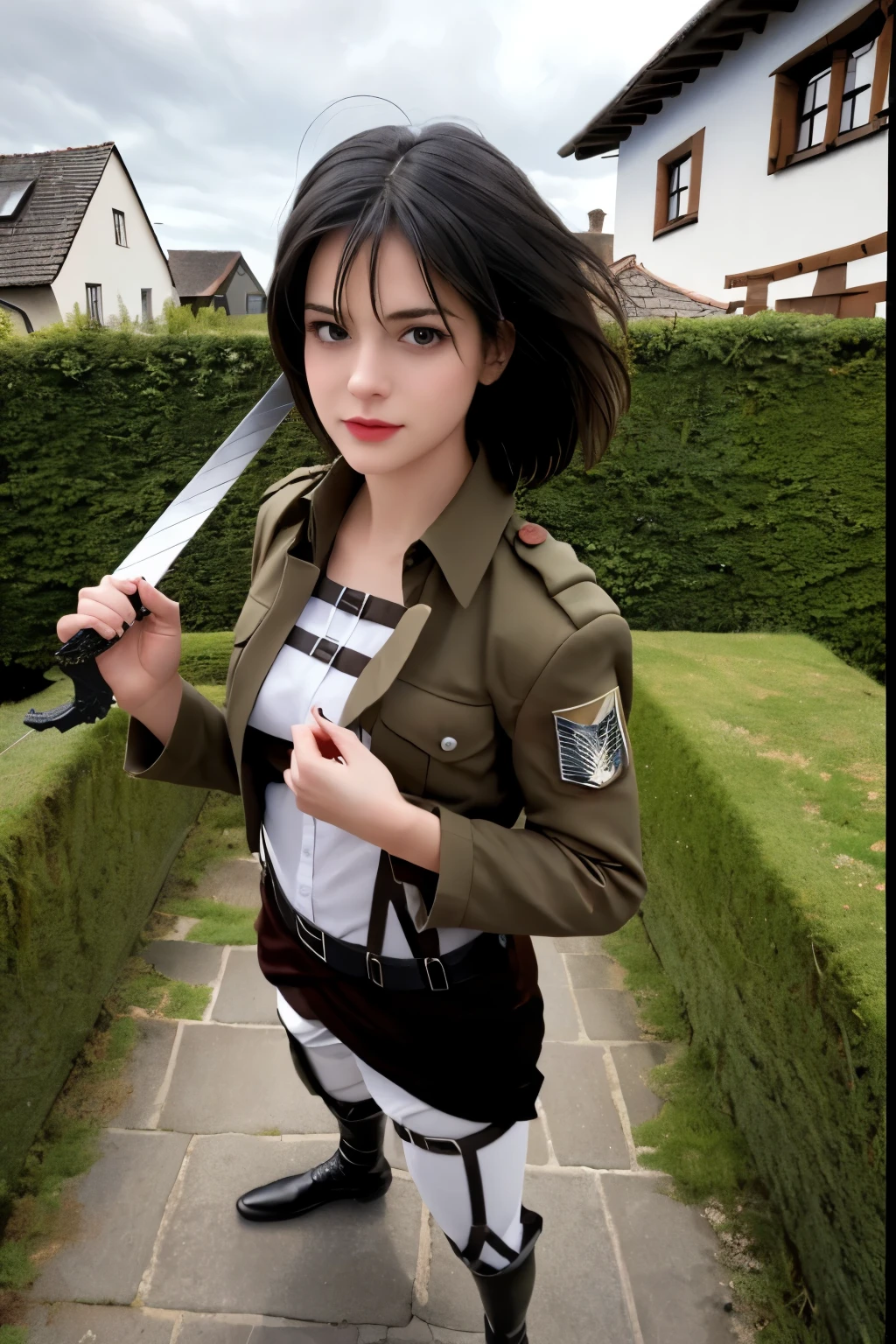 Generate image of one beautiful girl, beautiful hair, realistic, high quality, (masterpiece: 1.5), highly detailed, detailed eyes, Mikasa, in her military uniform, image from head to thighs,background: standing on the terrace of mediaeval houses of germany, terrace view of mediaeval period, she has two swords in her hands, titan slayer swords