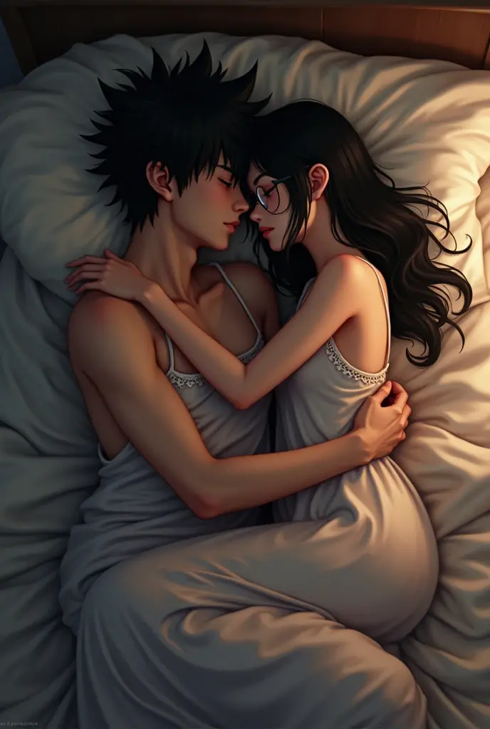 Generate a picture of bakugou and a long black haired girl with glasses cuddling in bed