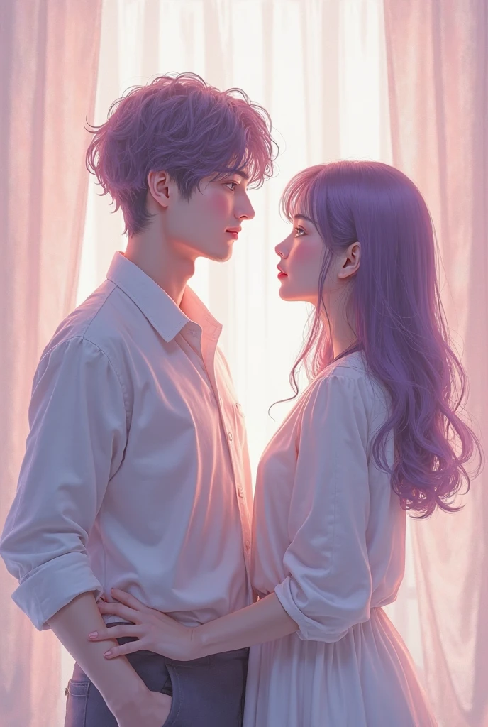 A man and (A woman with white and purple gradient hair), Hug each other, Look deeply into each other's eyes, Romantic atmosphere, Sunset background, Mottled light and shadow, Warm colors, Beautiful style, Delicate eyes and expressions, There is love in the air: Illustration other details: gentle smile, Soft and flowing clothing, Quiet ambient image quality: (best quality,4k,8K,High resolution,masterpiece:1.2), Extremely detailed, (Practical,photoPractical,photo-Practical:1.37), HDR, Studio Lighting, Extremely detailed的描述, Art style with bright colors: Portrait Palette: Warm colors照明: Soft sunset light