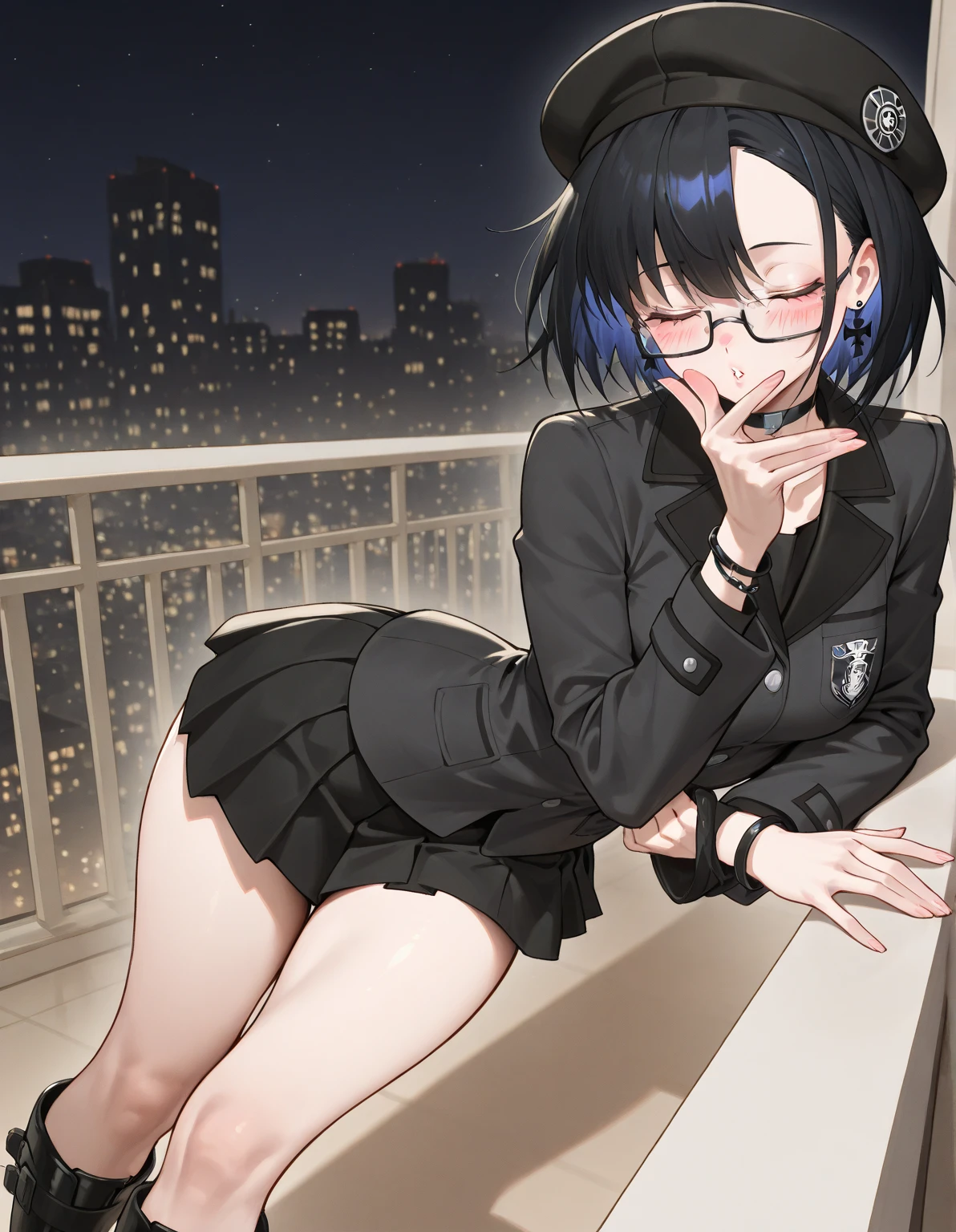 black short hair, red eyes,with eyeglasses, big eyes, beautiful anime girl, sly grin, black background ribbon buckle with red spots in her hair, wearing a shirt, shirt buttons completely undone, firm and medium breasts, wet breasts, miniskirt with red and black stripes she is wearing, her legs are medium thickness, she has long black socks on her legs, she is lying on the bed, the sunset light is shining on her face
