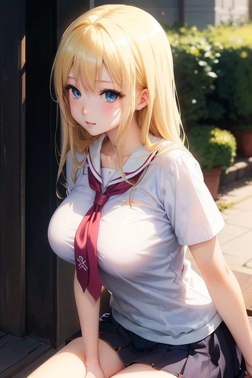 1 lady, HD quality, anime, solo full body shot, (sitting with hands back:1.3), (open legs to limit:1.5), (with one knee up:1.3), showing pubic area:, (under boob:1.6), Large breasts, (cleavage), shiny skin, smiling, (thin thighs:1.3), (Sailor uniform only for the upper body:1.5), (Crop Top sheer white shirt:1.5), (sleeveless:1.6), without brassiere, (sheer white tiny micro thong:1.5), poolside, (Green detailed eyes), blue sailor collar, red ribbon tie