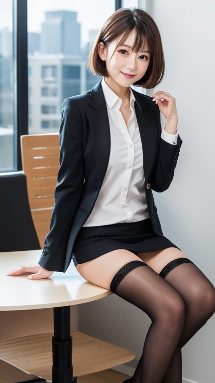 Masterpiece, highest quality, ultra-high resolution, photorealistic, high resolution, 16K image quality, rich colors, realistic representation, Japanese, 30 years old, beautiful, bob hair, plump body, (wearing a business suit) , black stockings, sexy pose, hotel room, evening, sunset through the window, full body, looking at camera