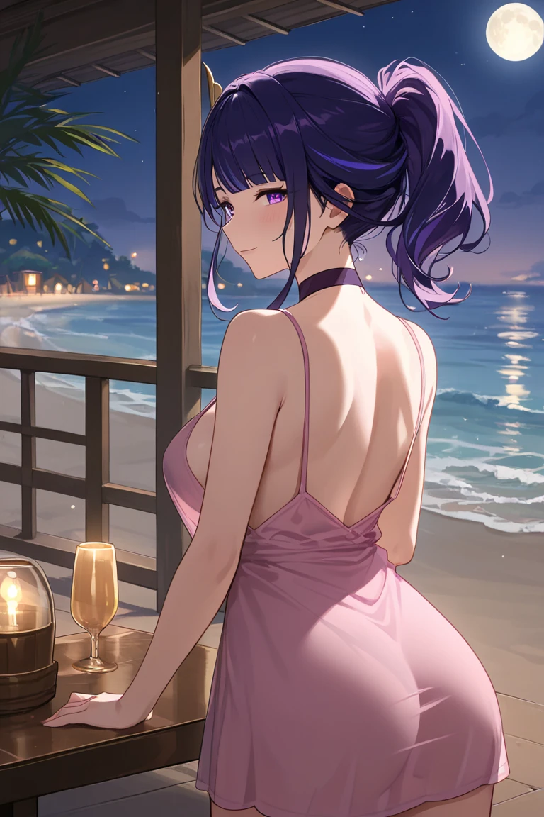 VerydetailedCG，UHD wallpaper， extremy detailed，（（（Best Quority）））， （（ultra detali））， 1girl huge large breasts， animal_ears， black_hair， blue_eyes， Large breasts， cat_ears，（naked_towel）， the clouds， cloudy_sky， crepuscular， nights， gradient_sky， horizon， looking_at_viewer， makeups， medium_breasts， water eyes， woven， Eau， droplets of water， mont， mountainous_horizon， navels， the ocean， orange_sky， exteriors， palm_tree， purple_sky， red_sky， short_hair， Sat down， skyward， ssmile， 独奏， suns， sunraise， sun setting， Towels， The tree， at twilight， Eau