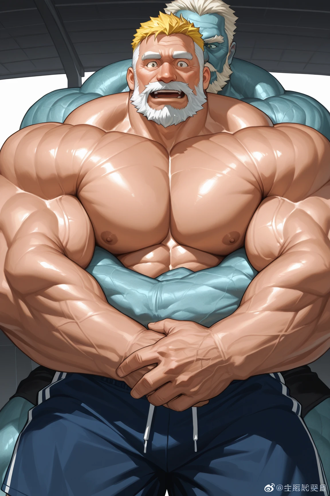 solo, 1boy, Huge Middle aged Muscular Old Grizzly Bear Daddy wearing glasses , pectoral, huge pectoral, wide pectoral, short white hair, short pants black wristbands and tank top, bearded, Mustache, muscle beach background, frontside, masterpiece, high detailed, 8k, high resolution, at the gym working out his chests, Dumbbell flyes