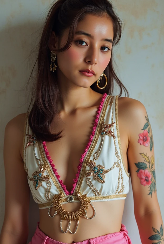 Beautiful woman wearing elephant print clothes in Thailand, Colorful background, model pose,