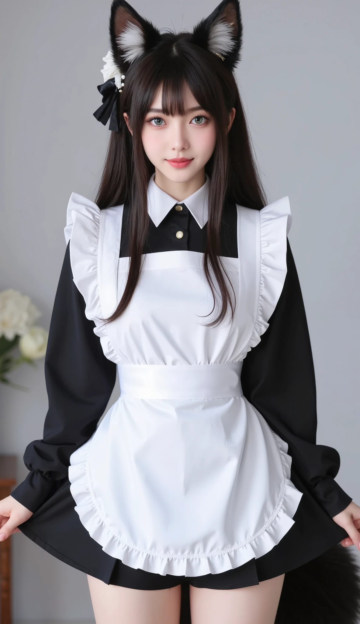 8 K, Super detailed, high quality, smiling woman, housemaid, dark fox tail, dark fox ears, shiny green eyes , long dark hair, white apron, hair ornaments, Full height, Legs completely, black dress below the knees, neutral blurred background