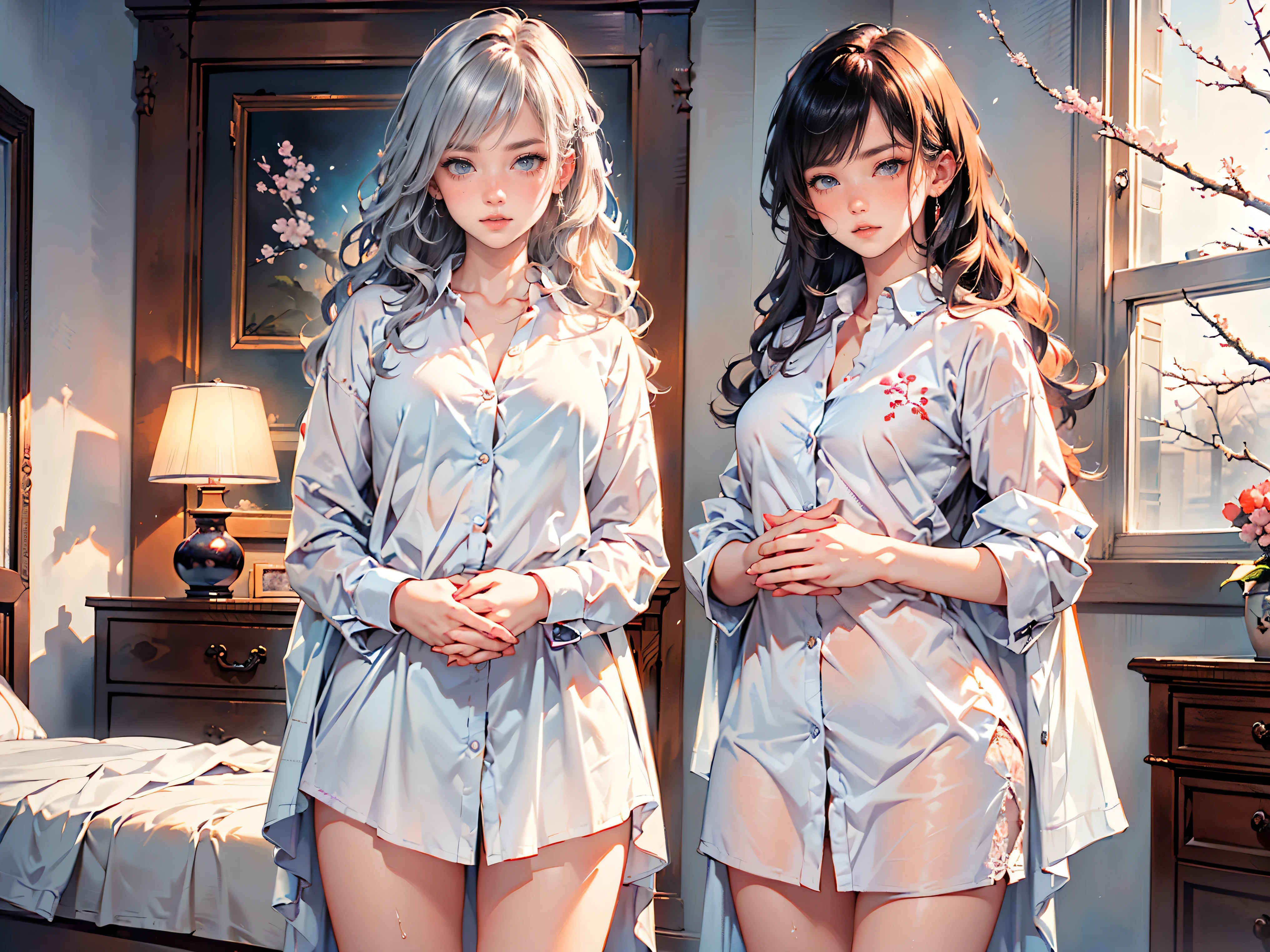 ((Highest quality, 8K, masterpiece, ultra-realistic)), ((Heterochromia, red eyes, blue eyes)), ((Standing in front of her bed, unbuttoning her shirt with her hands)), ((Beautiful girl with odd eyes)), ((Heterochromia, red eyes, blue eyes)), ((Detailed sparkling eyes)), ((Crystal-like eyes)), ((Anatomically accurate depiction)), ((Detailed depiction of the number of fingers and fingertips)), (Small breasts), ((Translucent white skin)), ((Long wavy hair mixed with silver and purple)), Glossy skin, slender figure, ((Wearing a pure white silk button-up shirt embroidered with cherry blossoms)), ((Wearing a bra with an orange fine lace pattern)), Wearing an indigo-colored tight skirt, ((Unbuttoning her shirt with her hands)), ((Standing in front of her bed in her room, unbuttoning her shirt with her hands), unbuttoning,)), slightly sweaty body, embarrassed expression, ((embarrassed and red cheeks)), cute interior, moonlight coming through the window, cinematic lighting