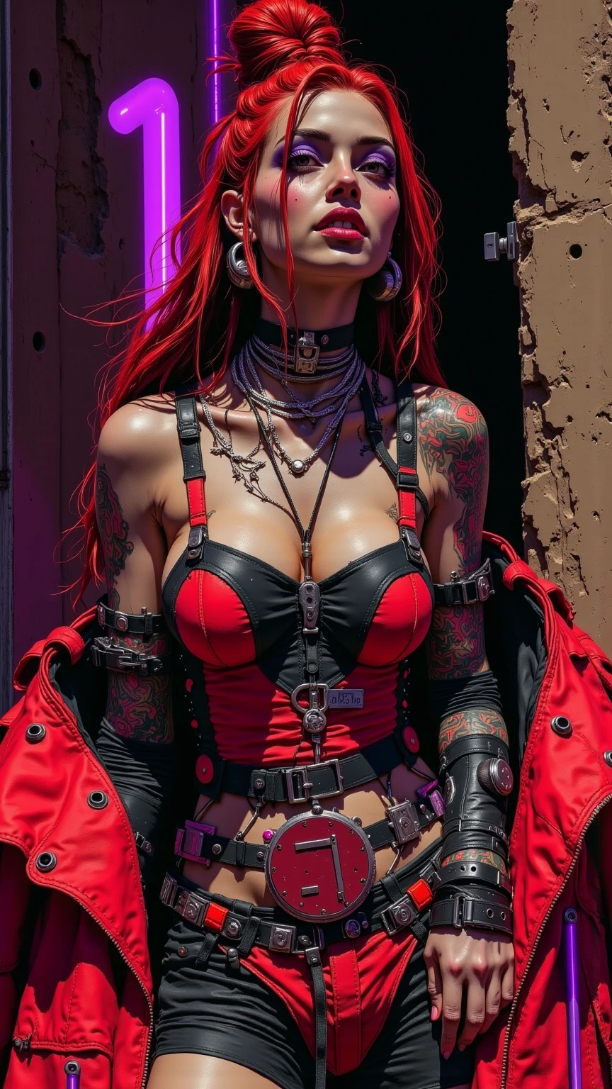 (melhor qualidade,, 8k, Altas, realista), ultra-detalhado, rosto estilo cyberpunk com um corte de cabelo de estilo militar, cabelo curto, cabelo preto, jaqueta de couro preta, abdominais tonificados, mulher, rosto do retrato