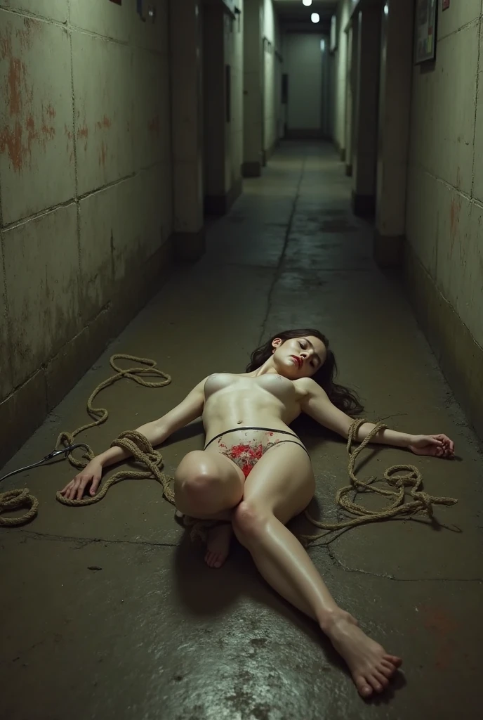 ((Naked))、(Pussy and pubic hair visible)、(Small breasts and visible nipples)、(Highly detailed CG Unity 8k), (Highest quality),(Very detailed),(Ultra-high resolution), 1 female, white cloth gag,Rope Bondage, breasts Rope Bondage, hands back Rope Bondage, leg Rope Bondage, thigh Rope Bondage, bust Rope Bondage, feet Rope Bondage, Put your arms behind your hips, Wrists tied, Tie your ankles, Gagged with a white cloth, The rocking horse is so high that my feet can't reach it.., (His feet are on the rocking horse:1.4), Crying face, Ticker,