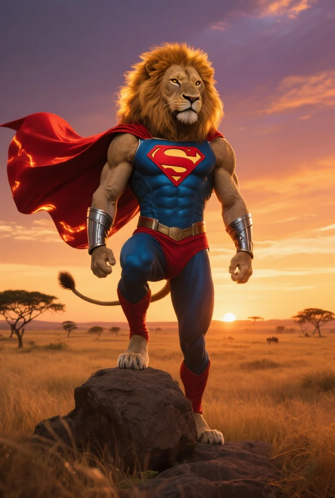 A tiger with superman man suit standing on a cliff during sun set and roaring up in the sky