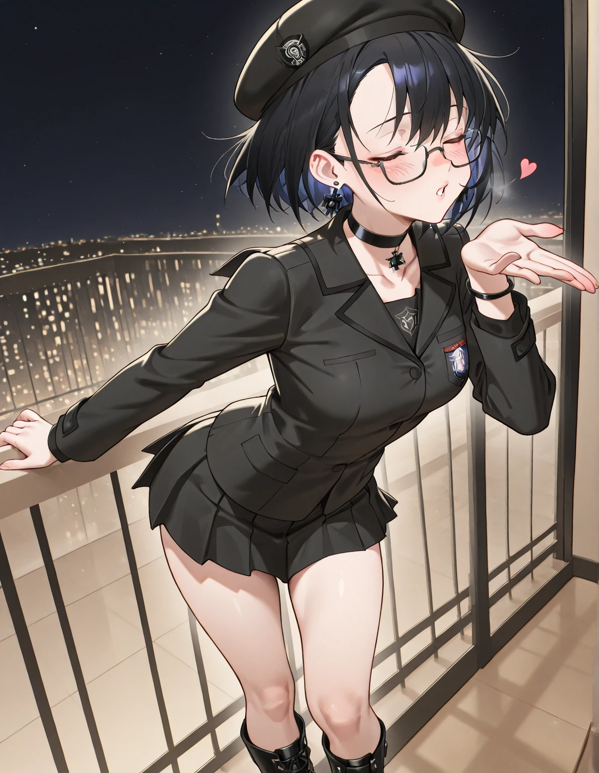 Highest quality、Black Hair、Iris、short hair、girl、cute、16 years old、、Small hair ornament、1 person、City of night、Night Dresini skirt、Panty shot、An inviting look